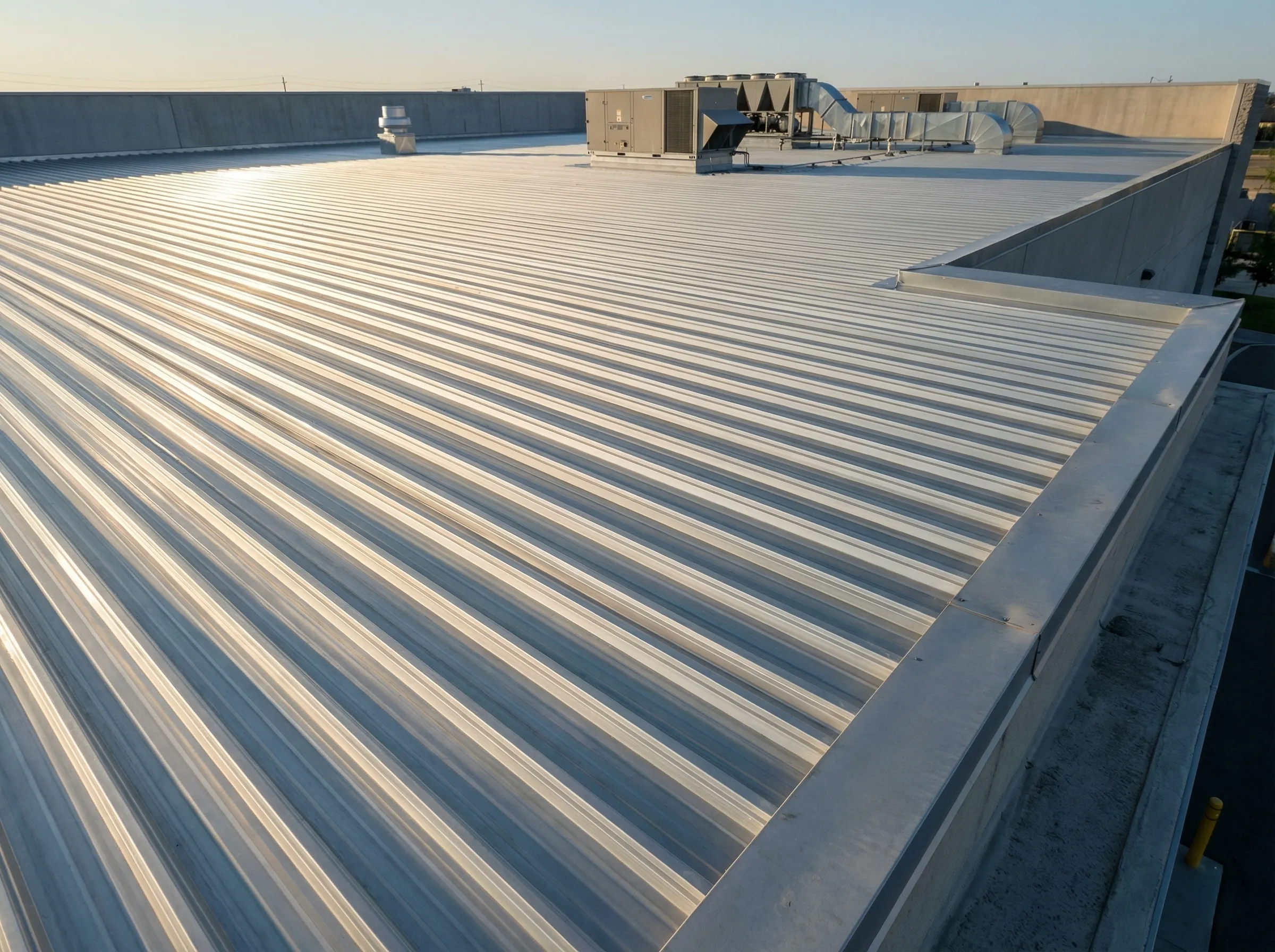 Aerial view of corrugated aluminum roofing on a commercial building