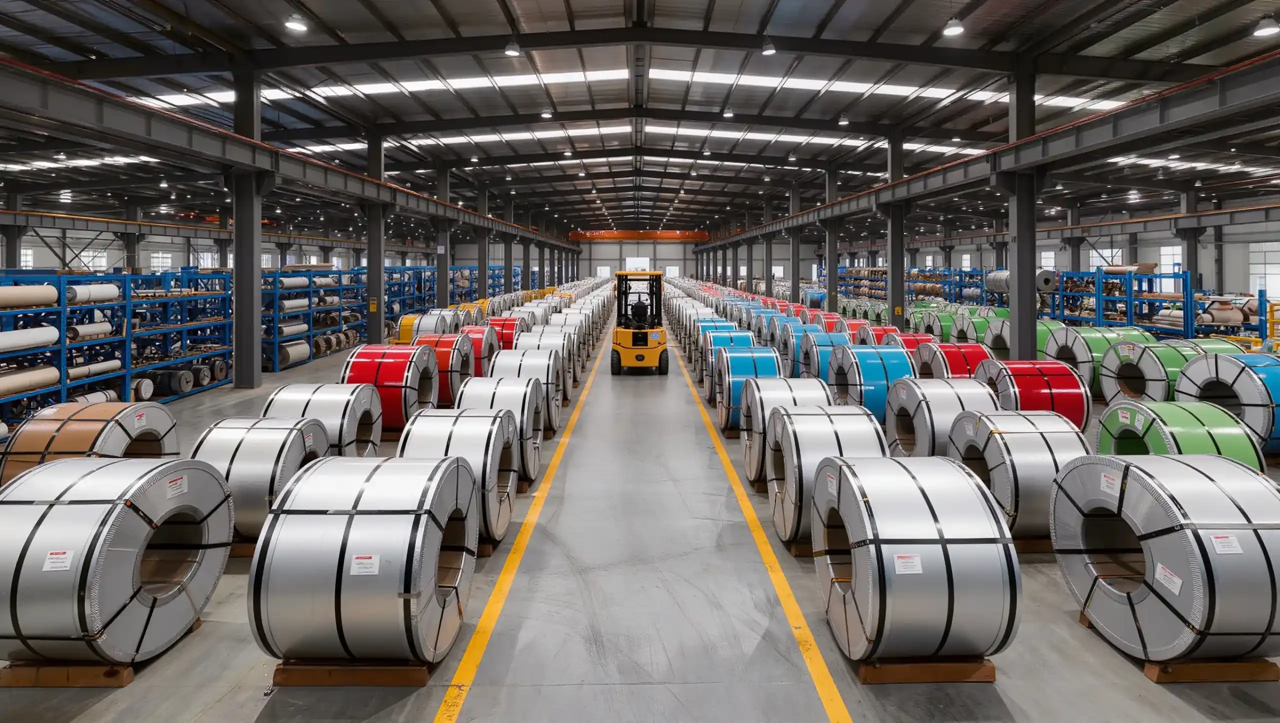 Chariot élévateur devant des rangées de bobines d'aluminium laquées en entrepôt