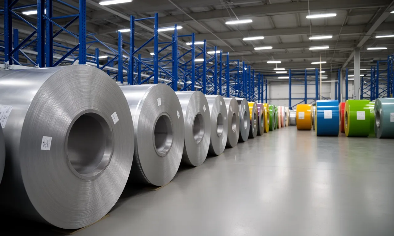 Rows of color-coated aluminum coils on warehouse shelving