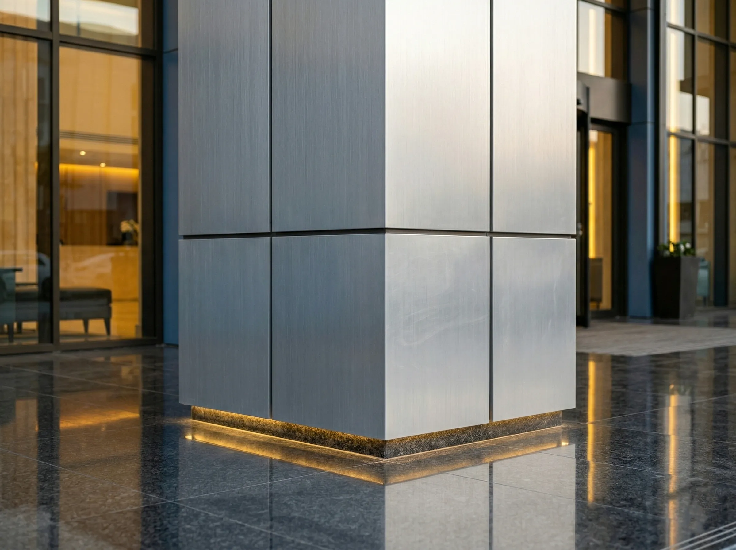 Aluminum composite panel cladding on a building lobby column