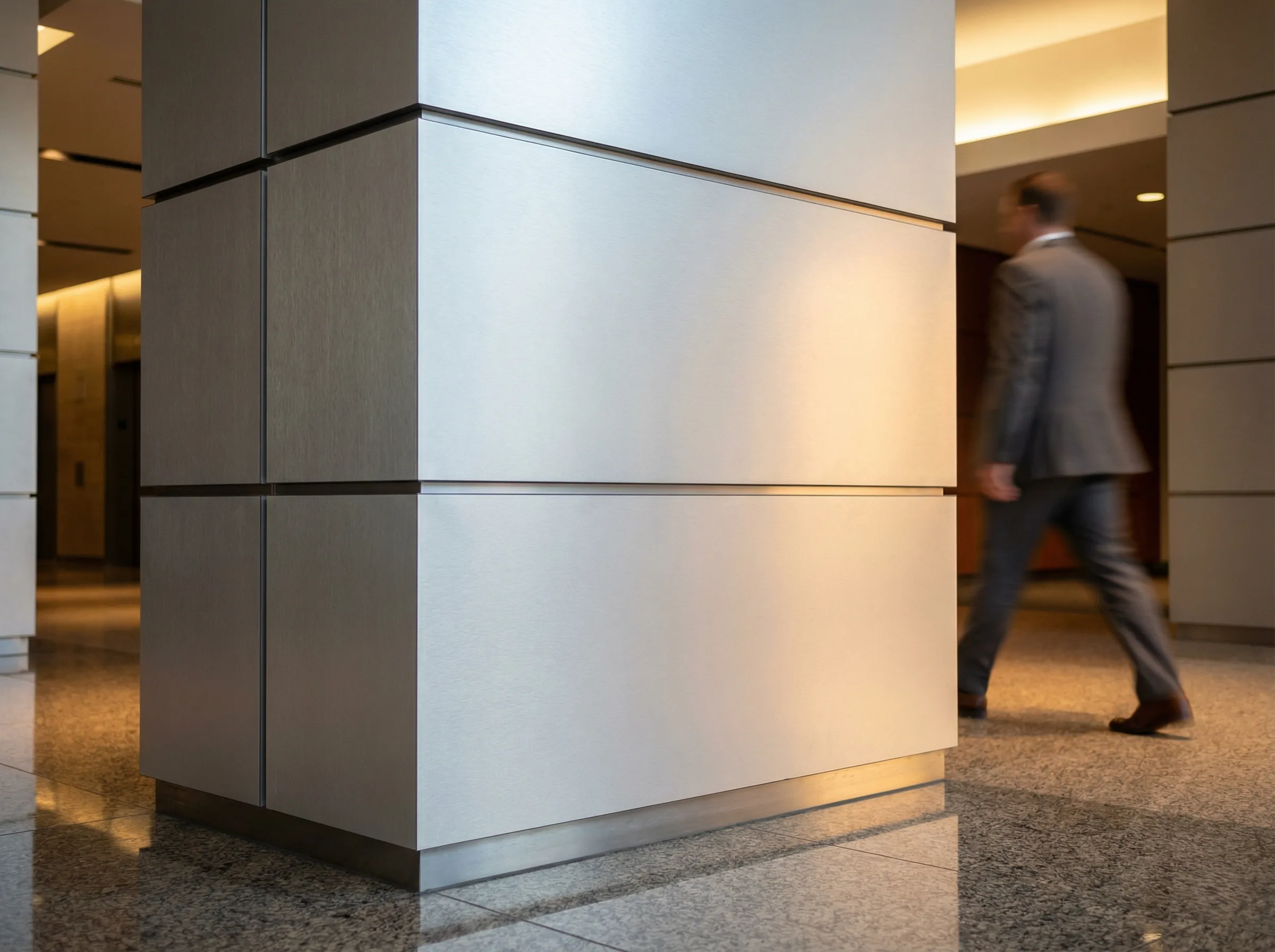Aluminum composite panel cladding on a corporate corridor column