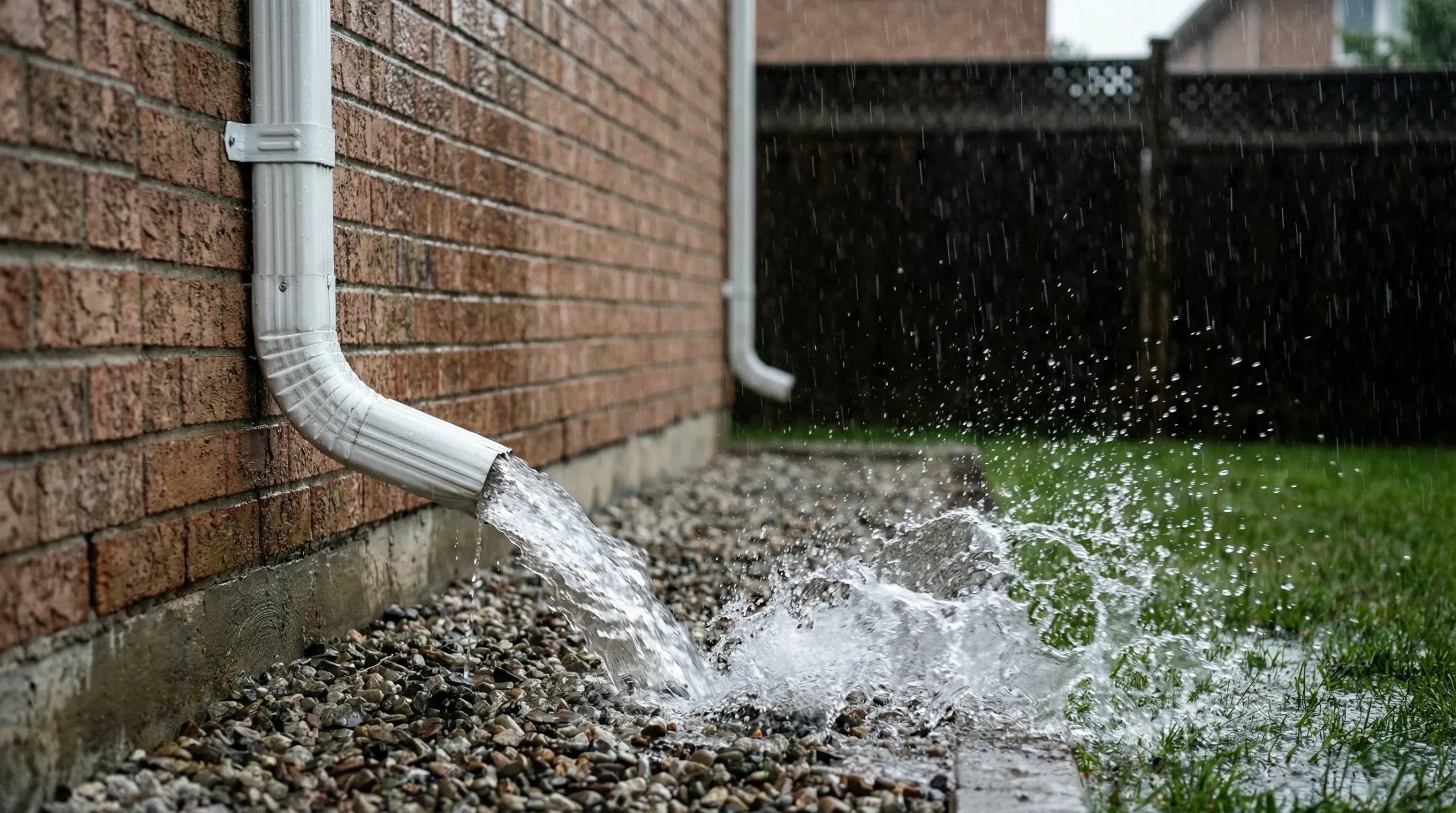 Aluminum downspout against a brick wall in heavy rain