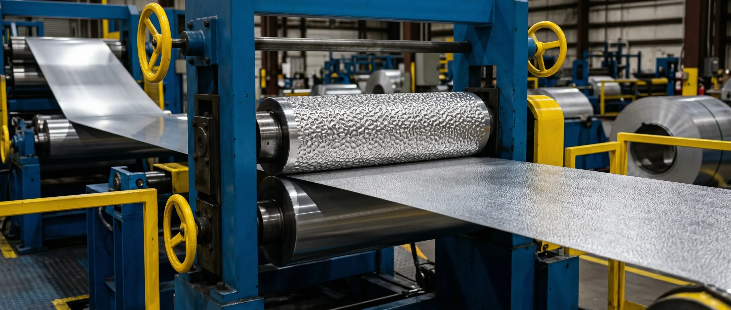 Aluminum embossing press applying a stucco pattern