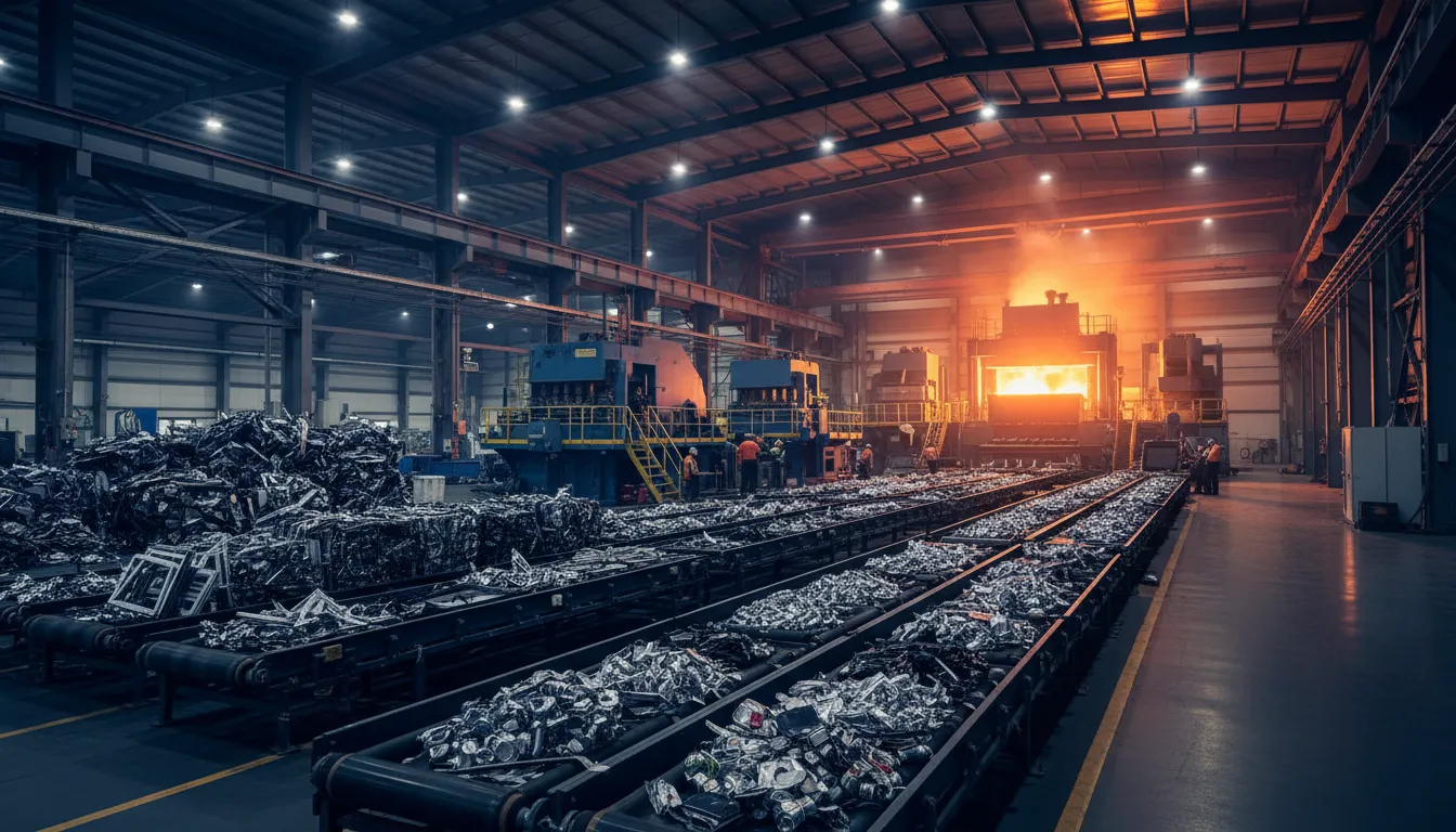 Aluminum scrap on a conveyor feeding the recycling furnace