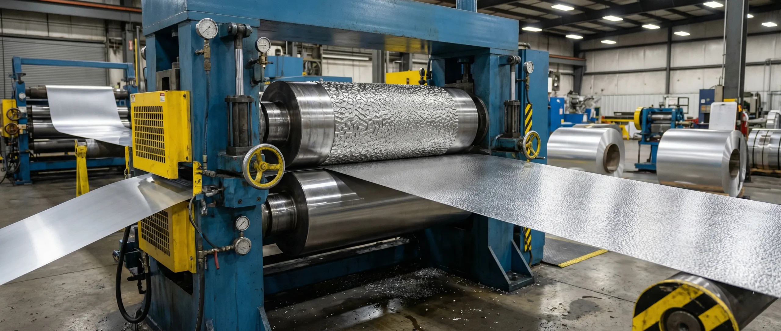 Aluminum rolling mill with blue and yellow machinery
