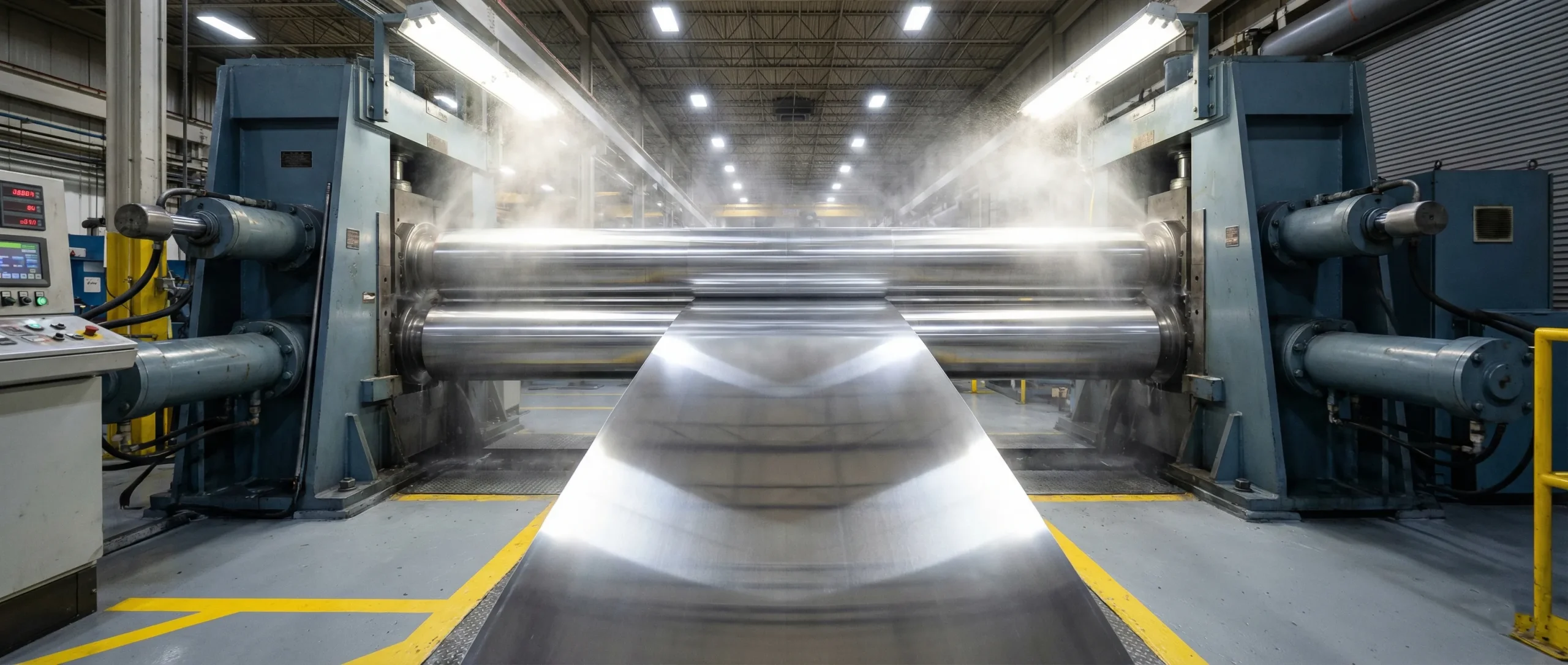 Aluminum rolling mill in operation with steam and vapor