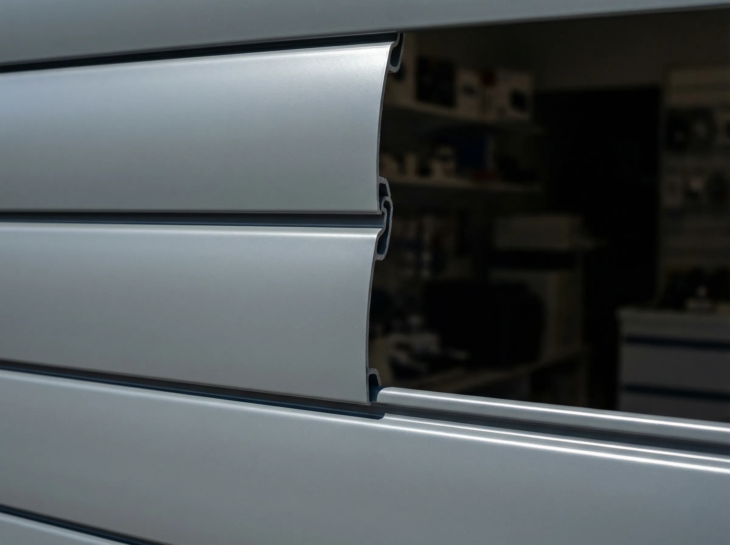 Close-up of an aluminum rolling shutter slat profile