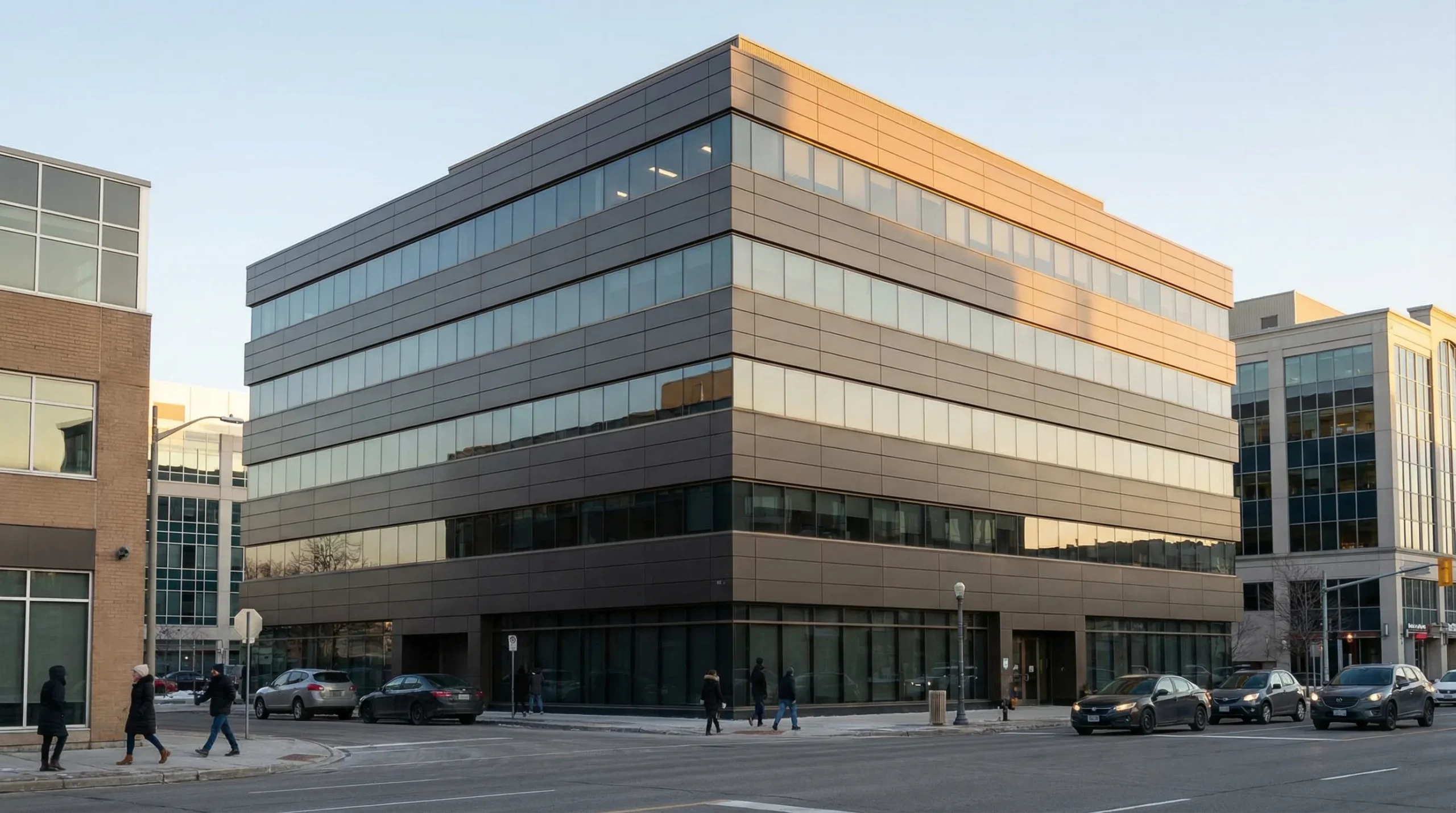 Bronze aluminum composite clad office building corner