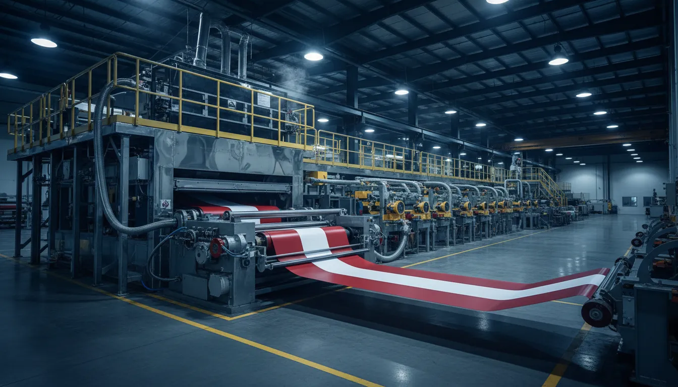 Red and white coil coating line in a dramatic factory setting