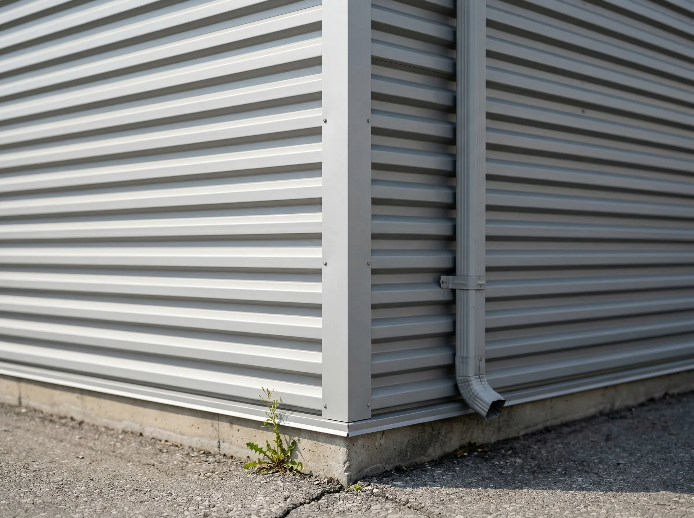 Corrugated aluminum wall cladding with a corner downspout