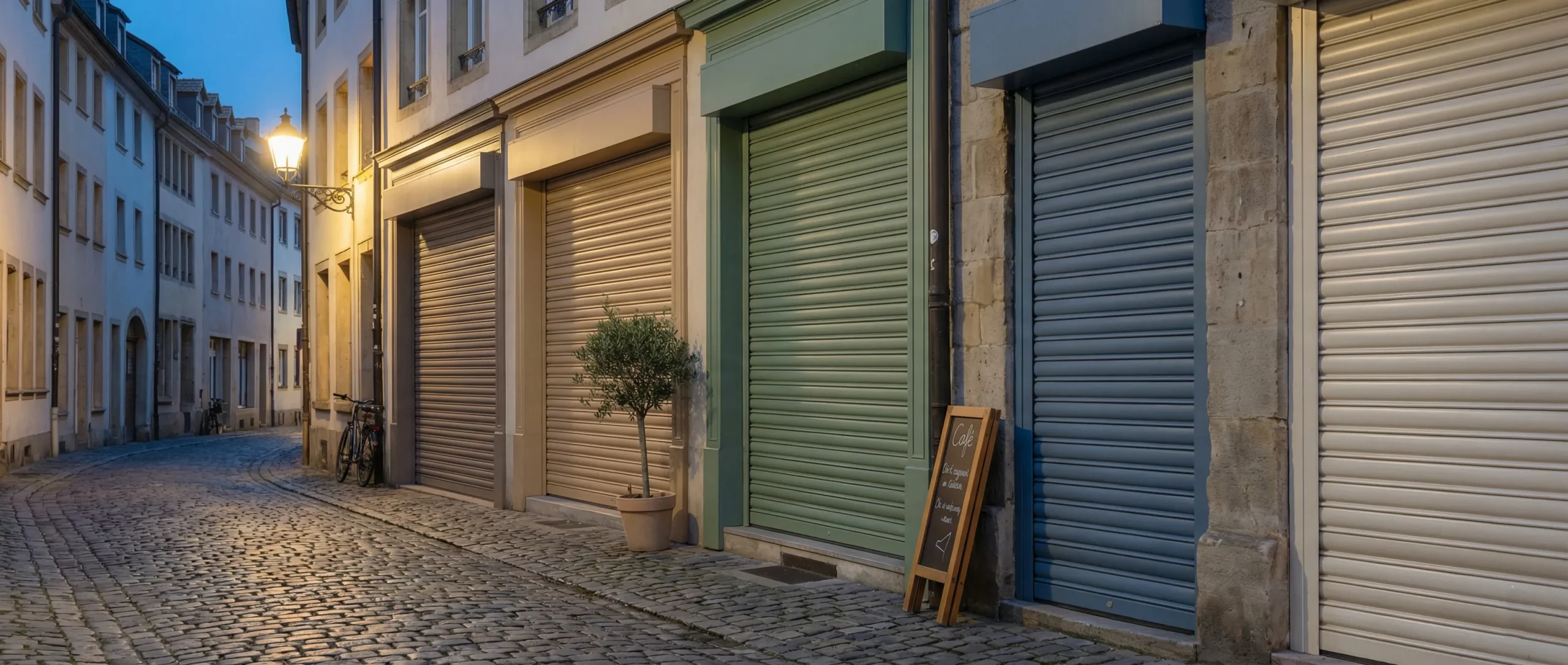 Colorful aluminum rolling shutters along a European cobblestone street