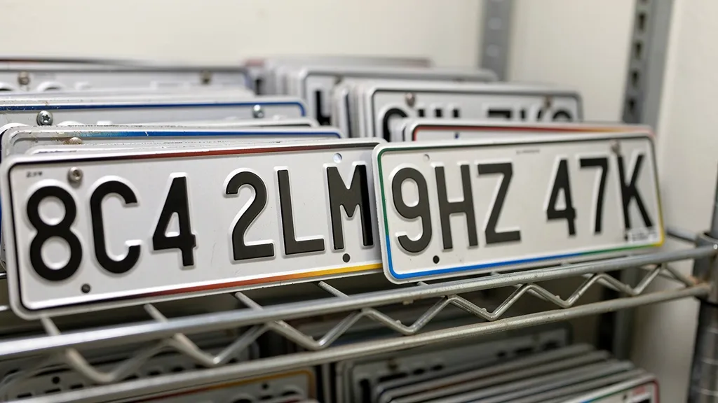 European license plates stacked on a rack