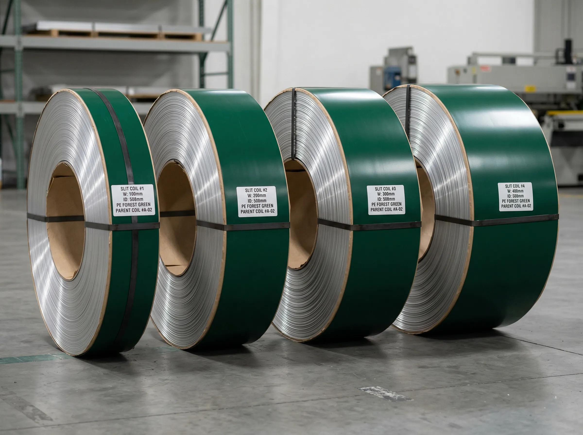 Color-coated aluminum coils labeled on the factory floor