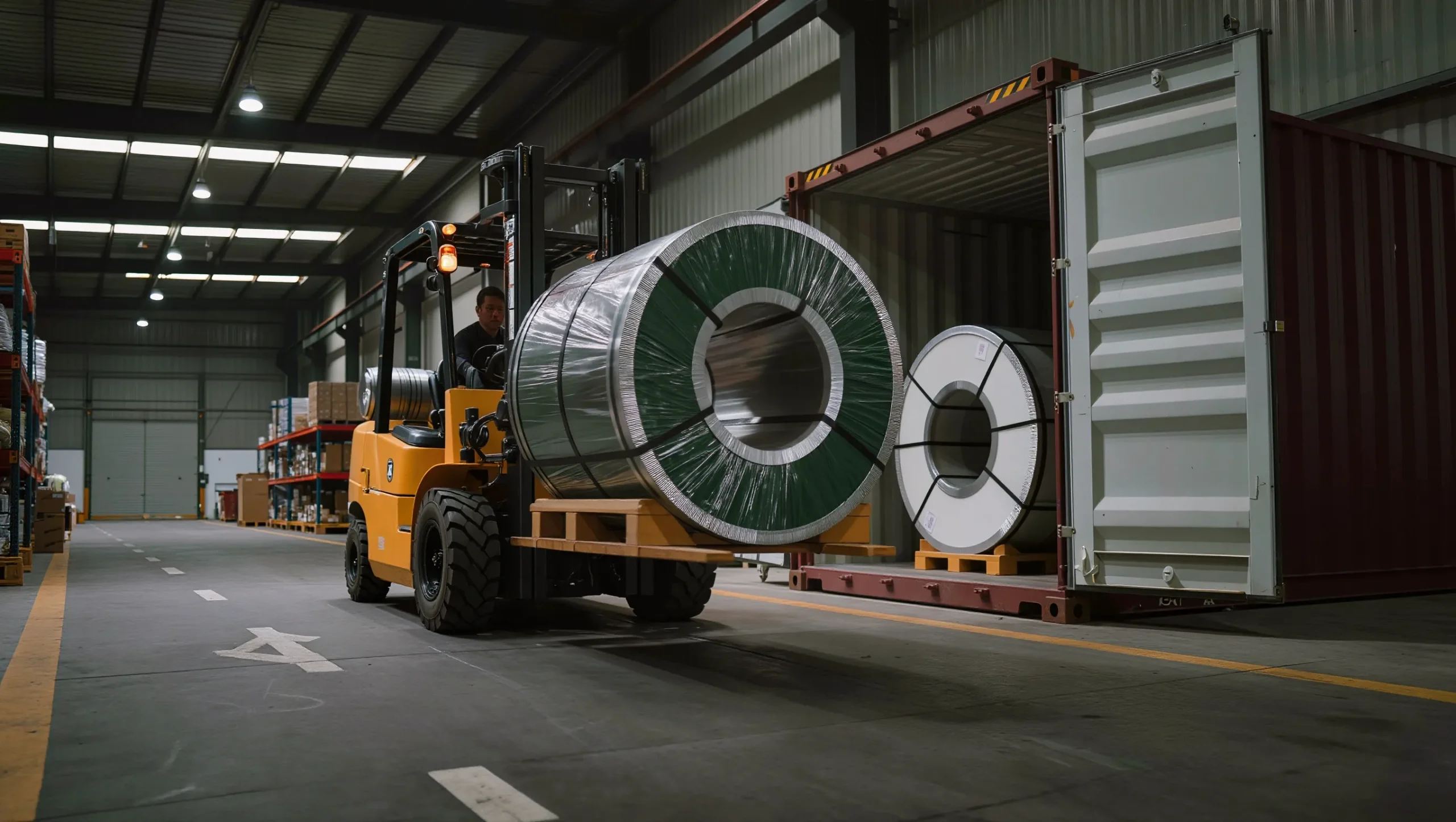 Forklift loading an aluminum coil into a shipping container for export