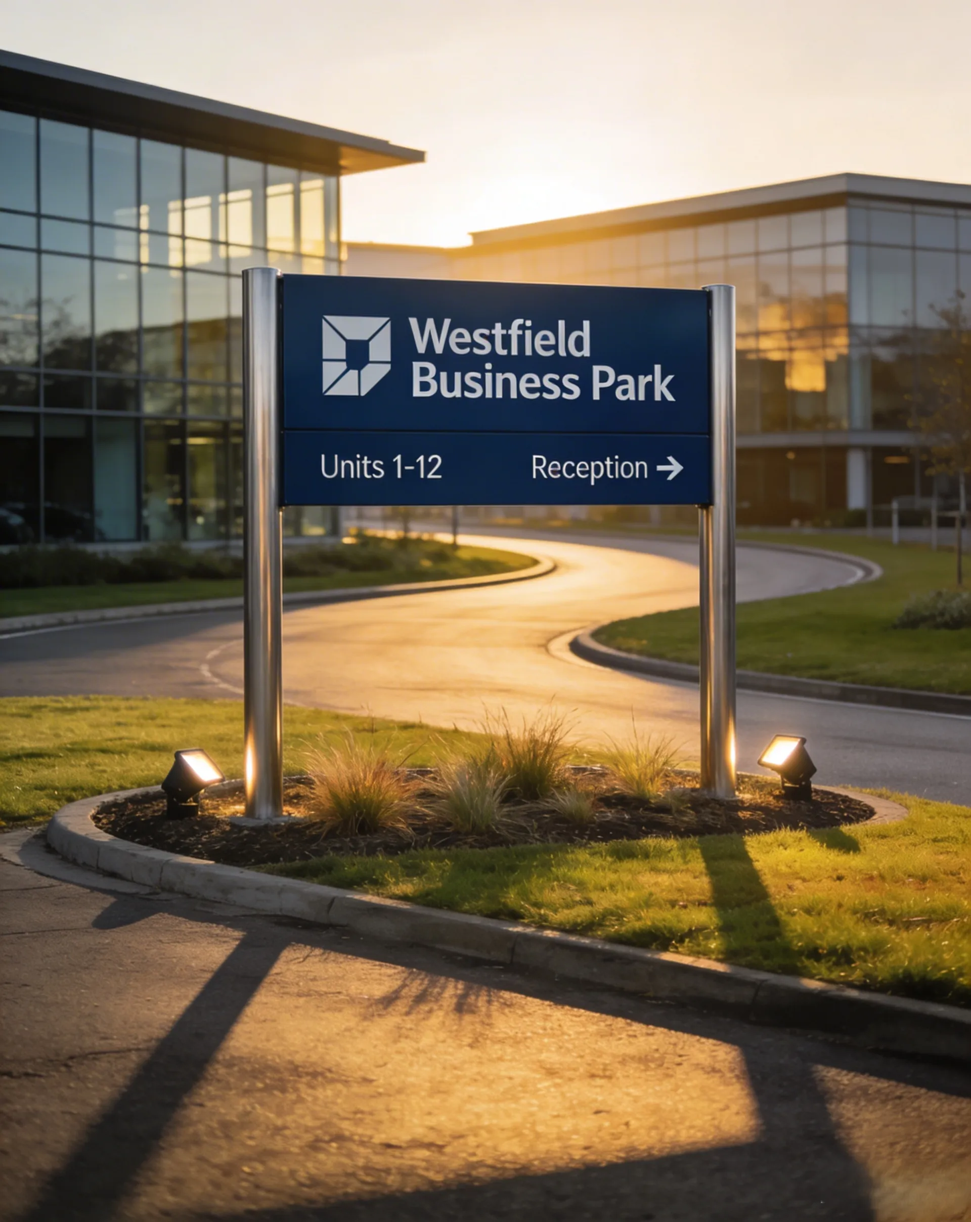 Freestanding aluminum sign at a business park entrance