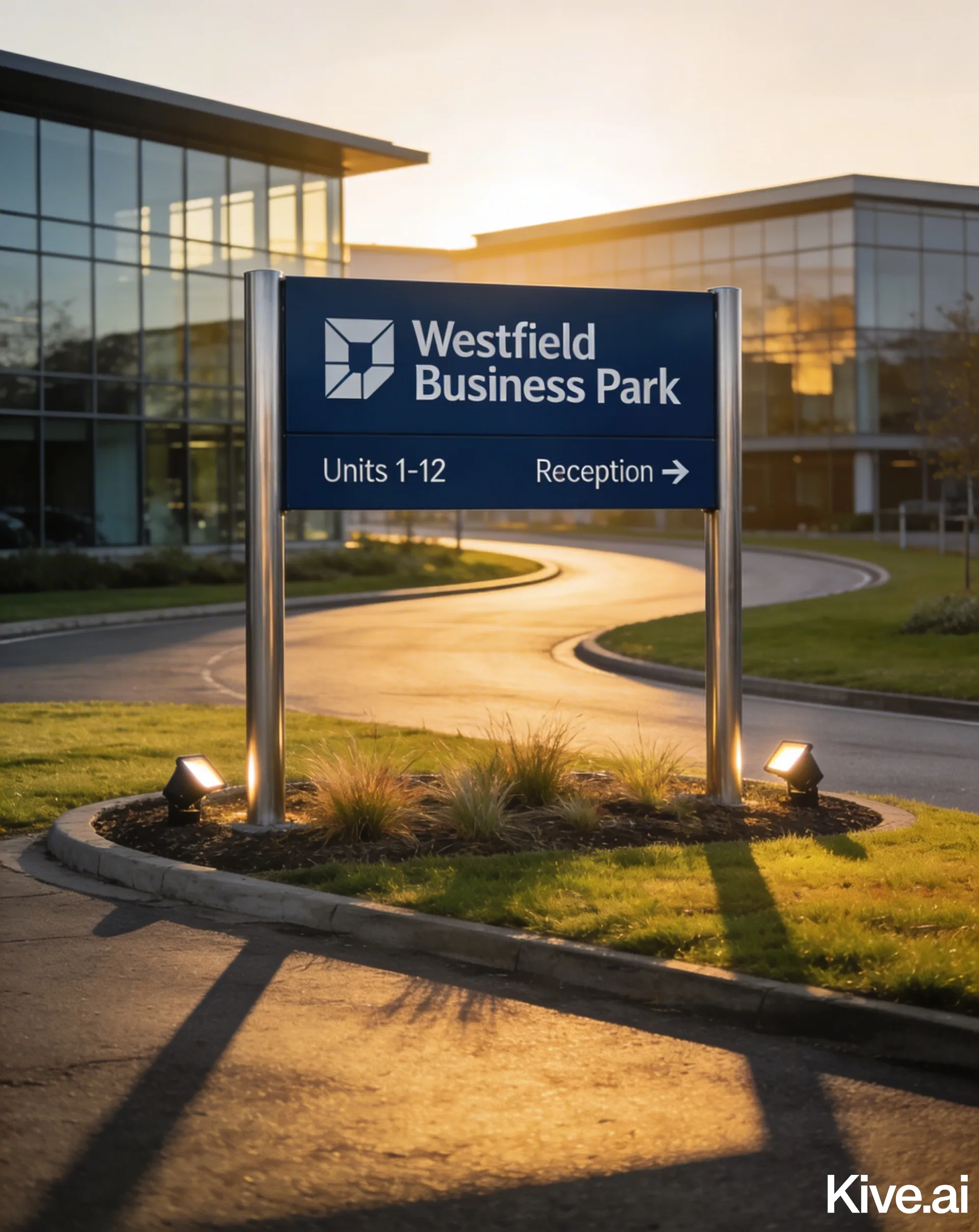 Freestanding navy blue aluminum sign at a business park