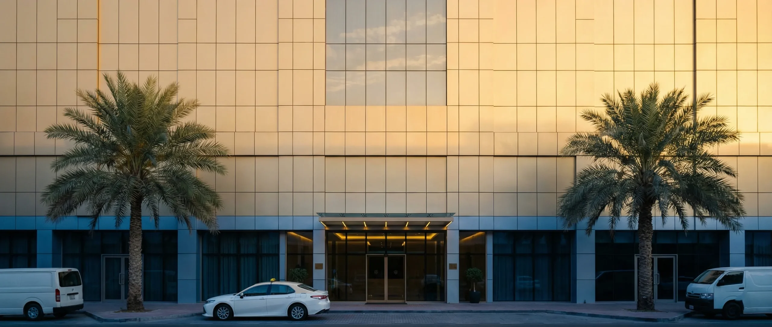 Gold aluminum-clad commercial building with palm trees