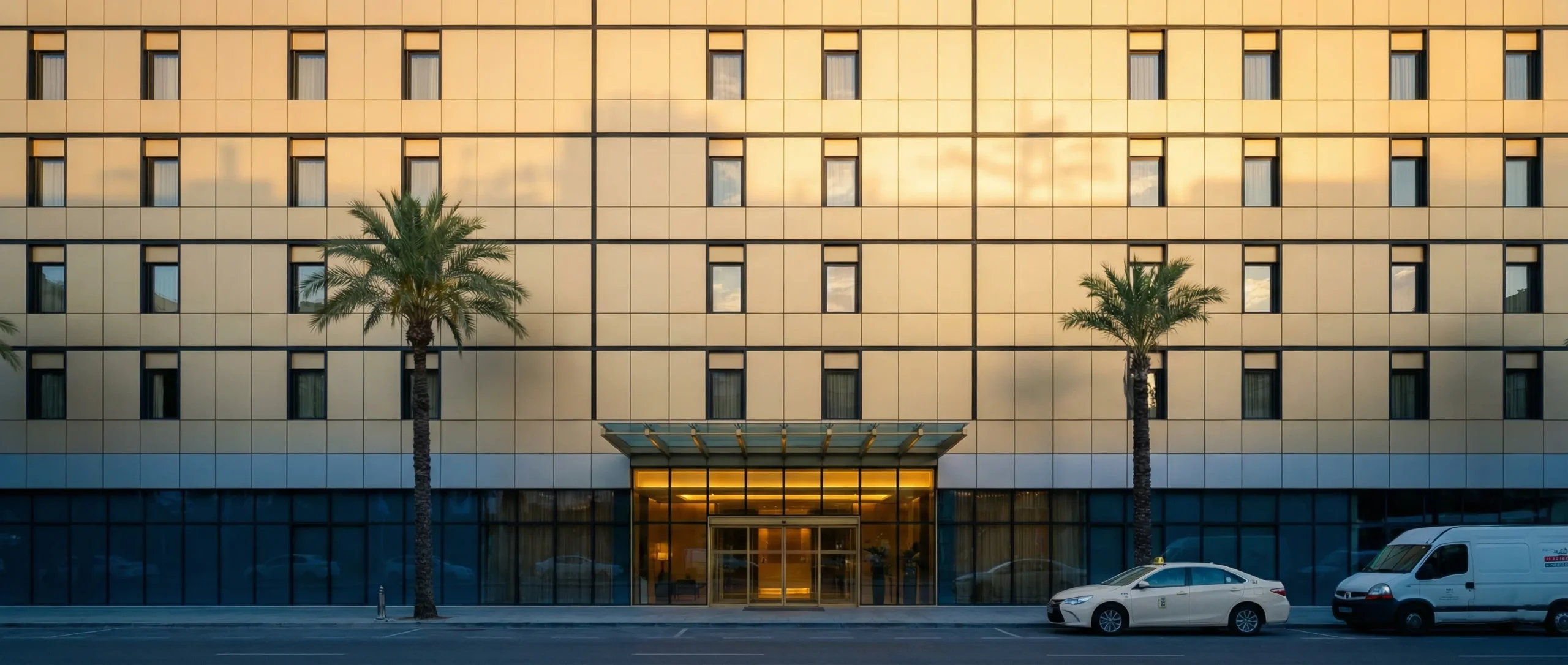 Gold aluminum-clad commercial building framed by palm trees, wide view