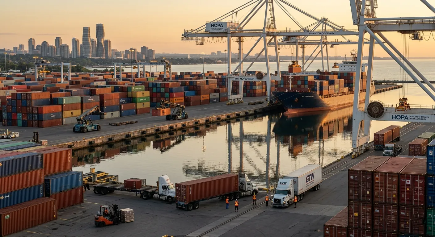 Shipping containers at a port at sunset