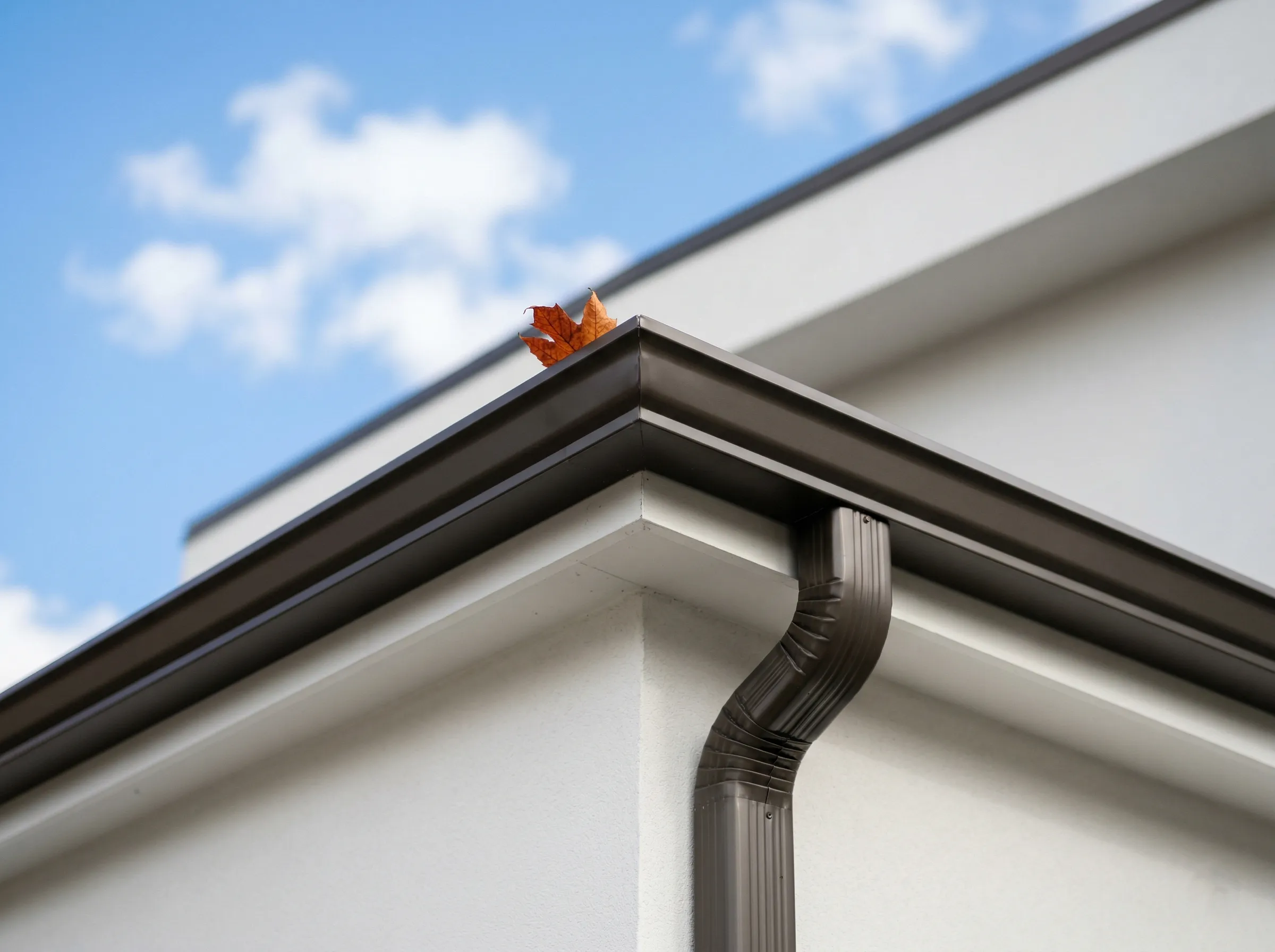 Aluminum gutter and downspout along a house roofline