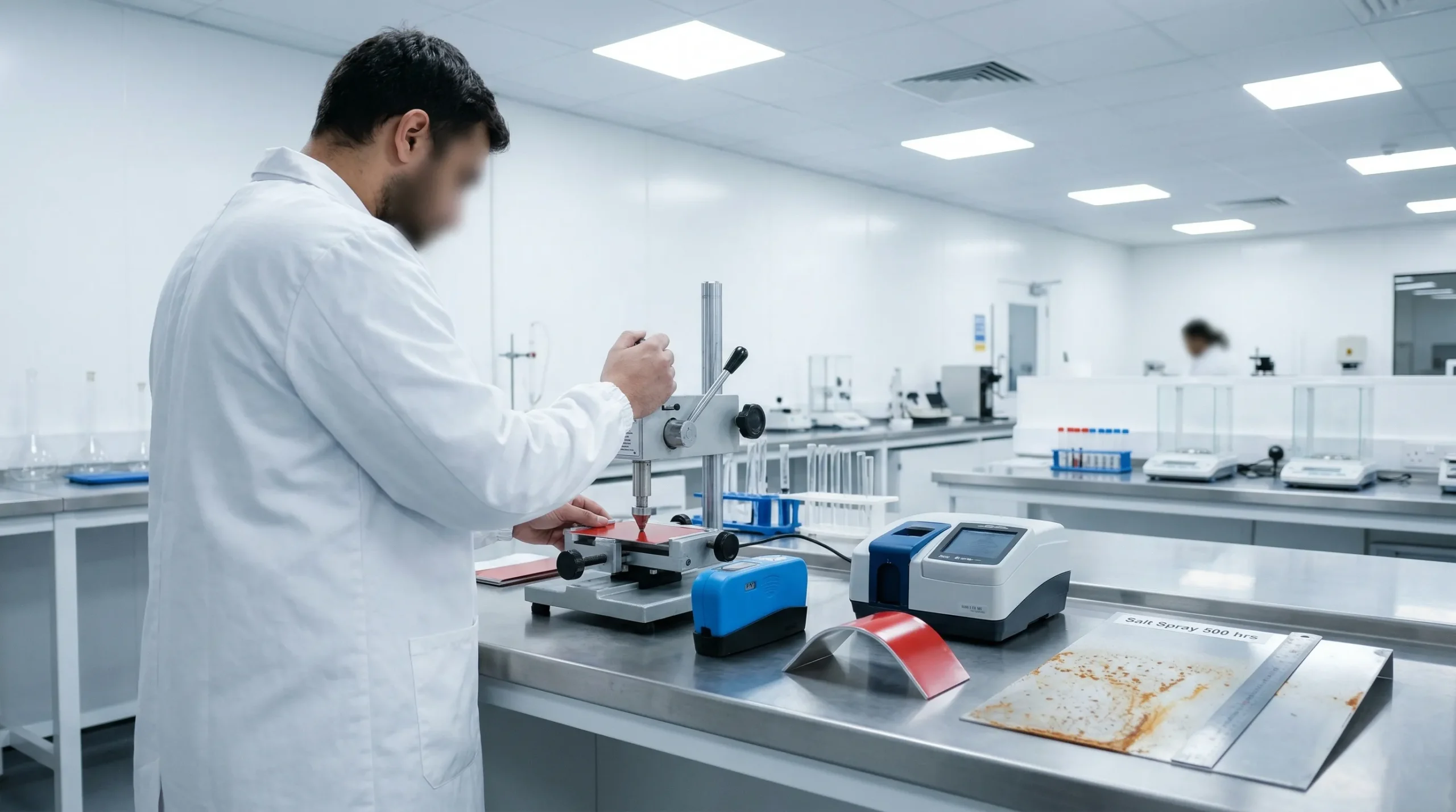 Lab technician testing coated aluminum samples