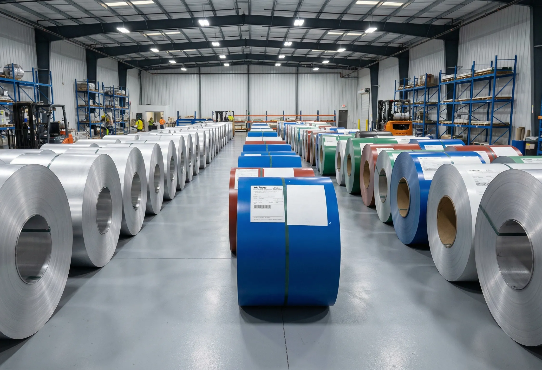 Rows of color-coated aluminum coils in a large warehouse