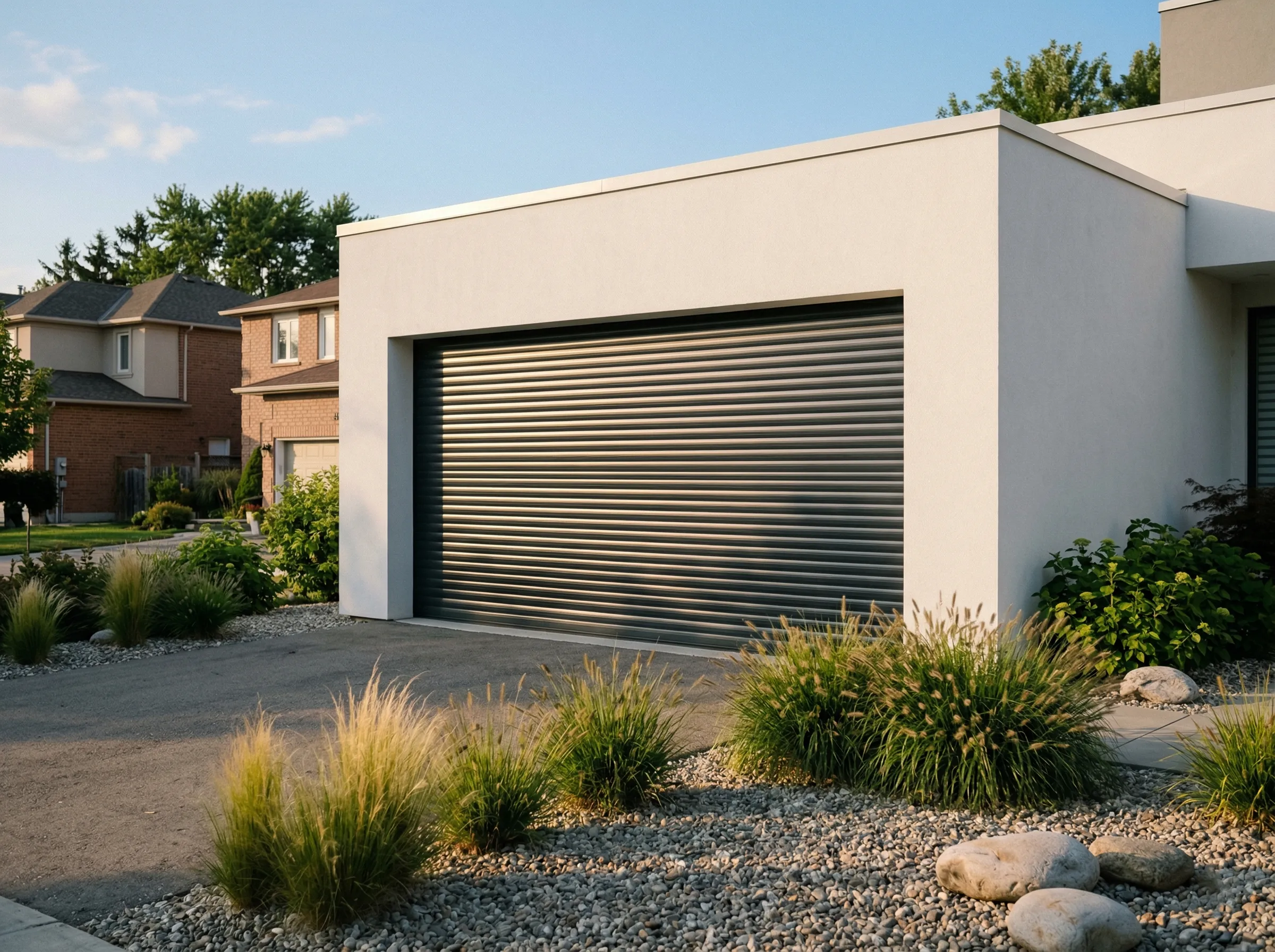 Dark aluminum rolling shutter on a modern home garage