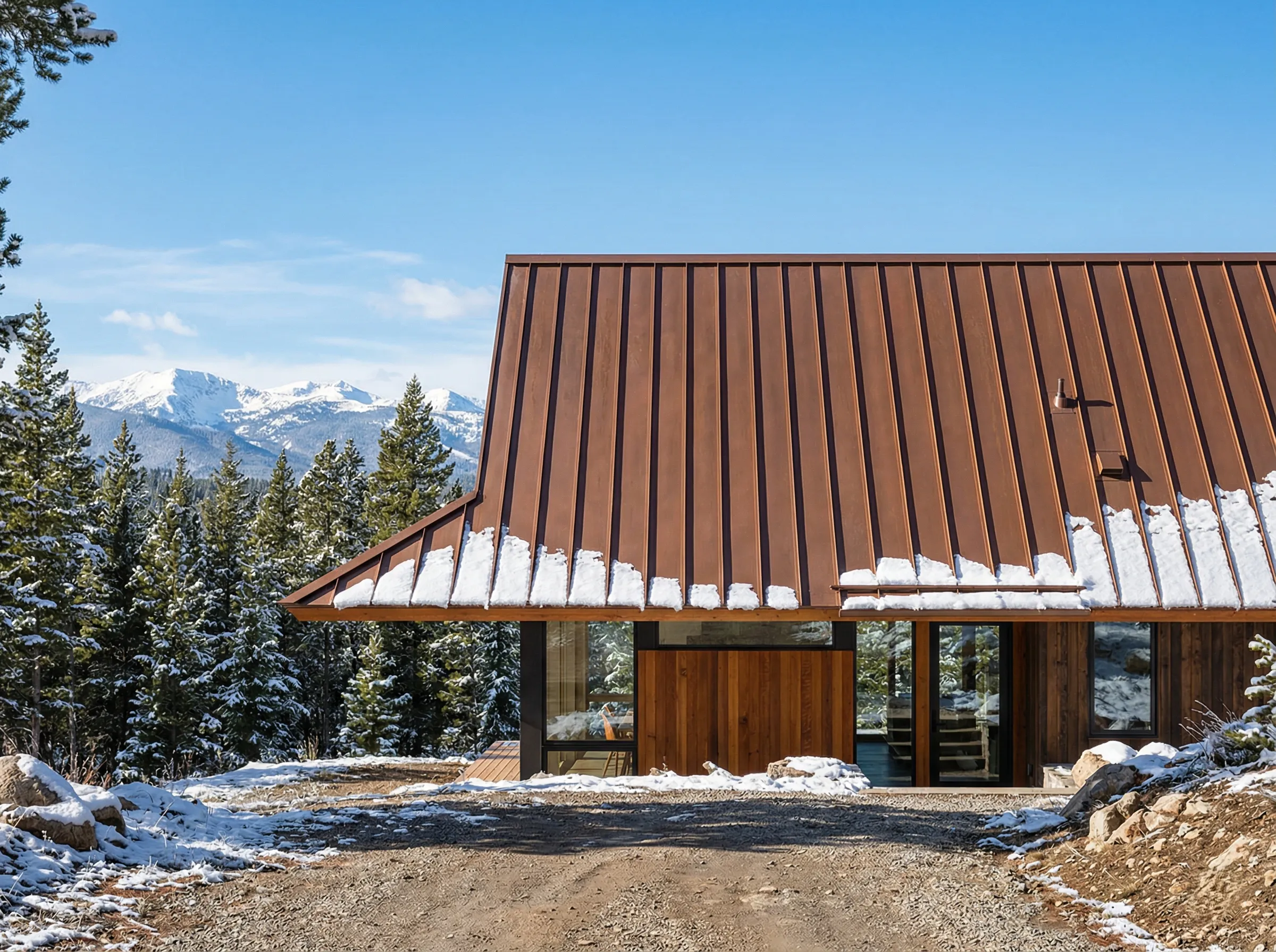 Corten standing-seam roof on a snowy mountain chalet