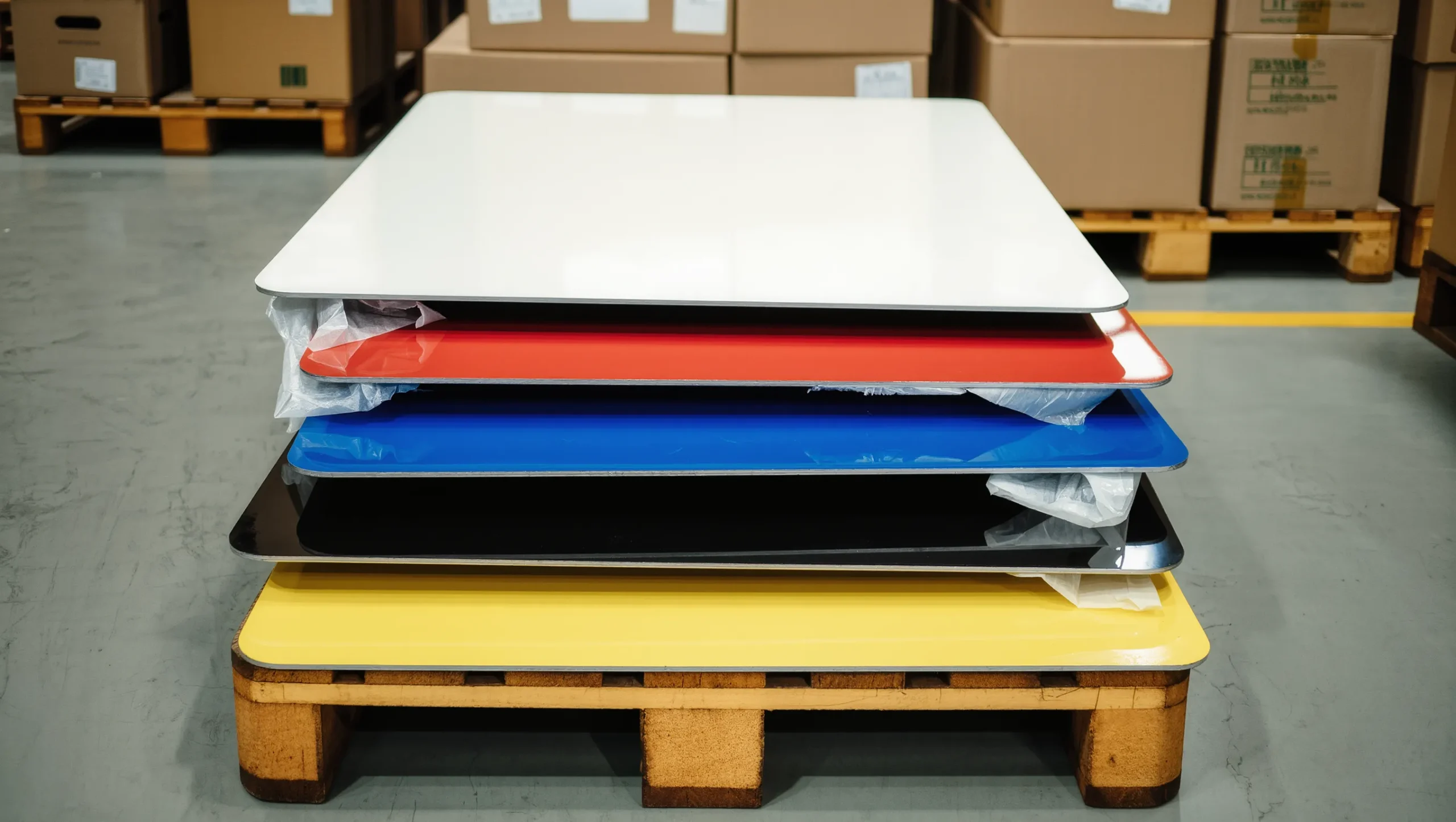 Pre-painted aluminum sheets in multiple colors stacked on a pallet
