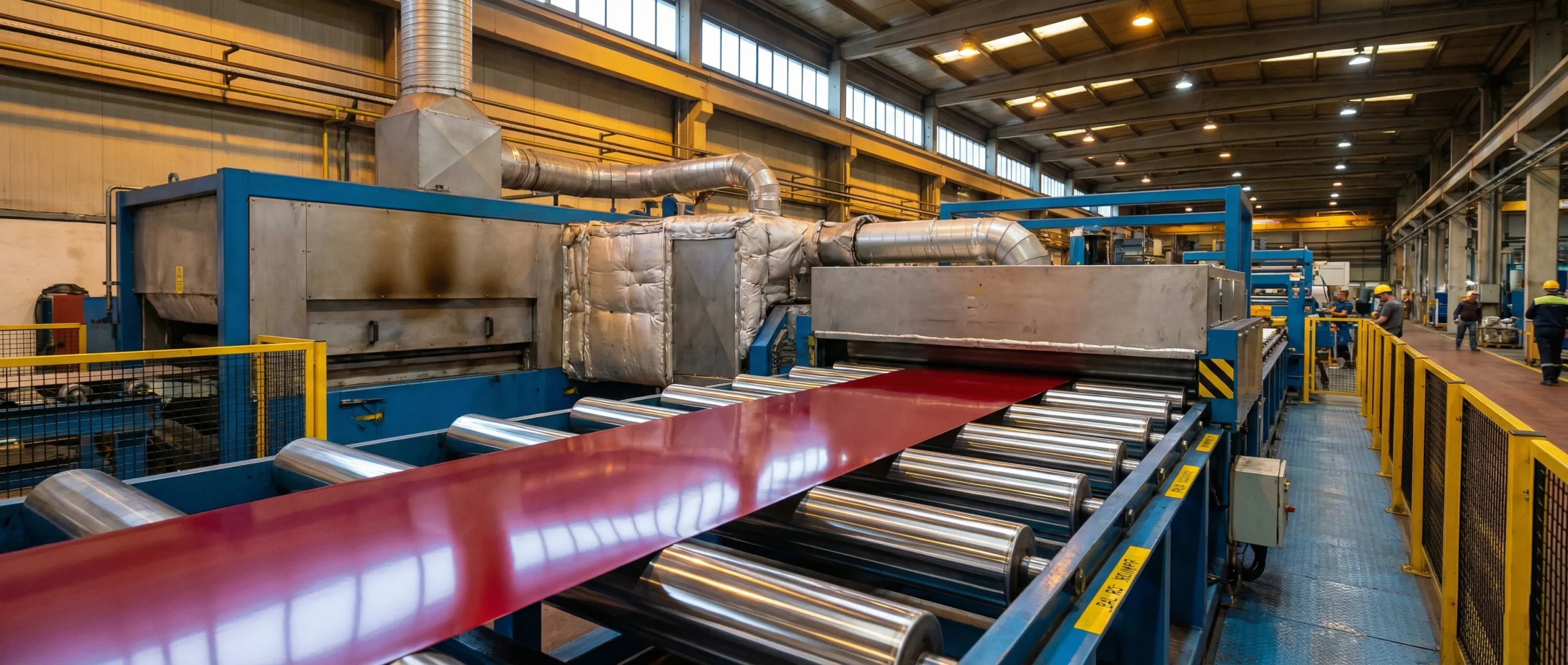 Coated aluminum running through the curing oven on the coating line, wide view