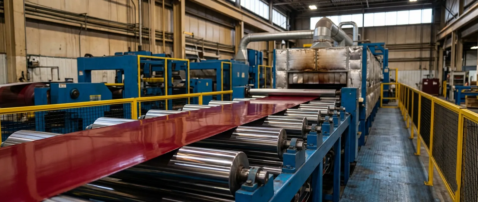 Red painted aluminum sheet running through the coil coating line