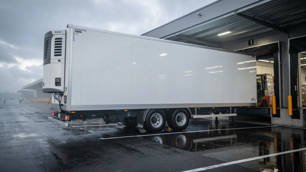 Refrigerated truck trailer docked at a warehouse in the rain