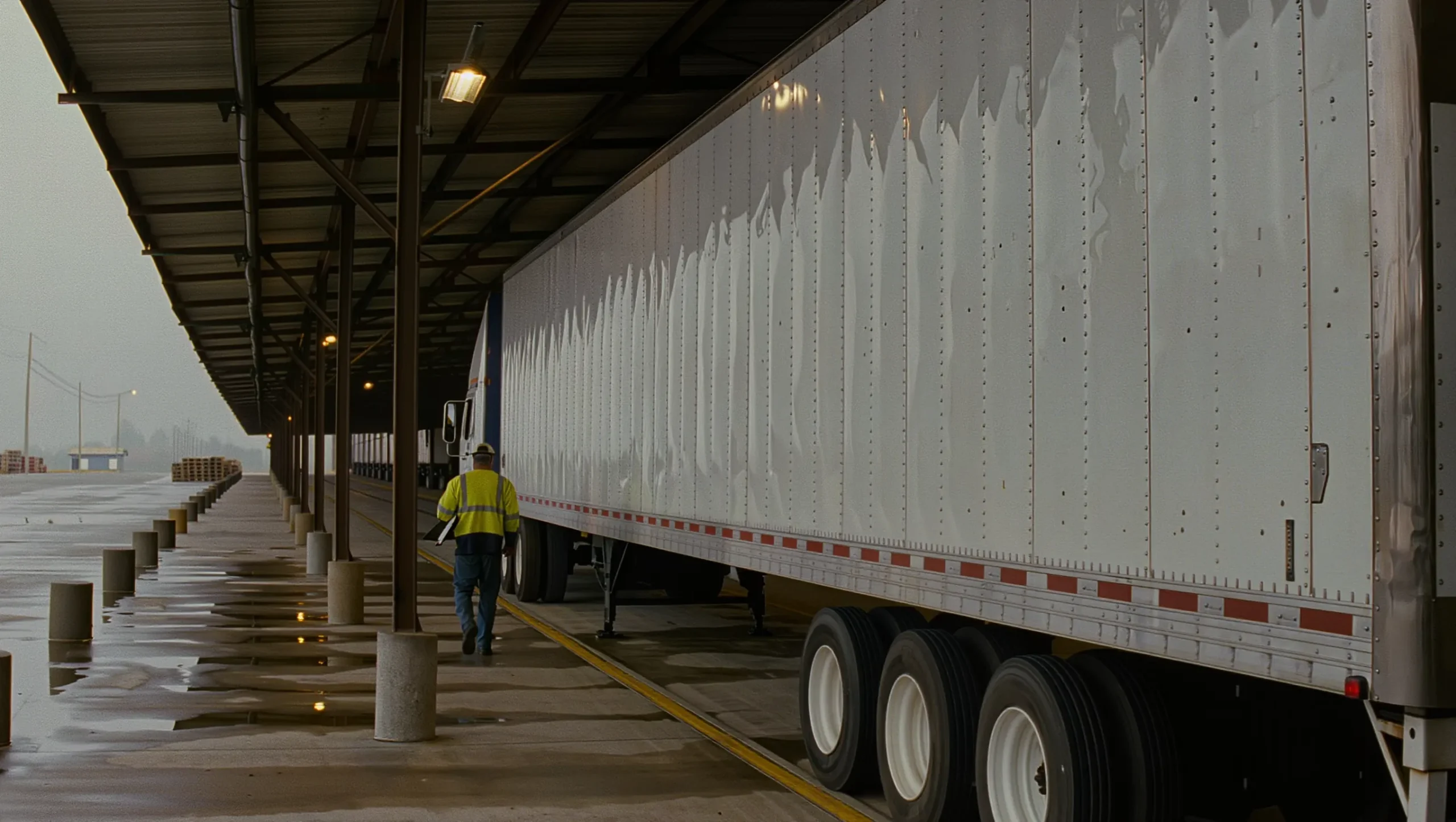 Refrigerated truck trailer side panel at a loading dock