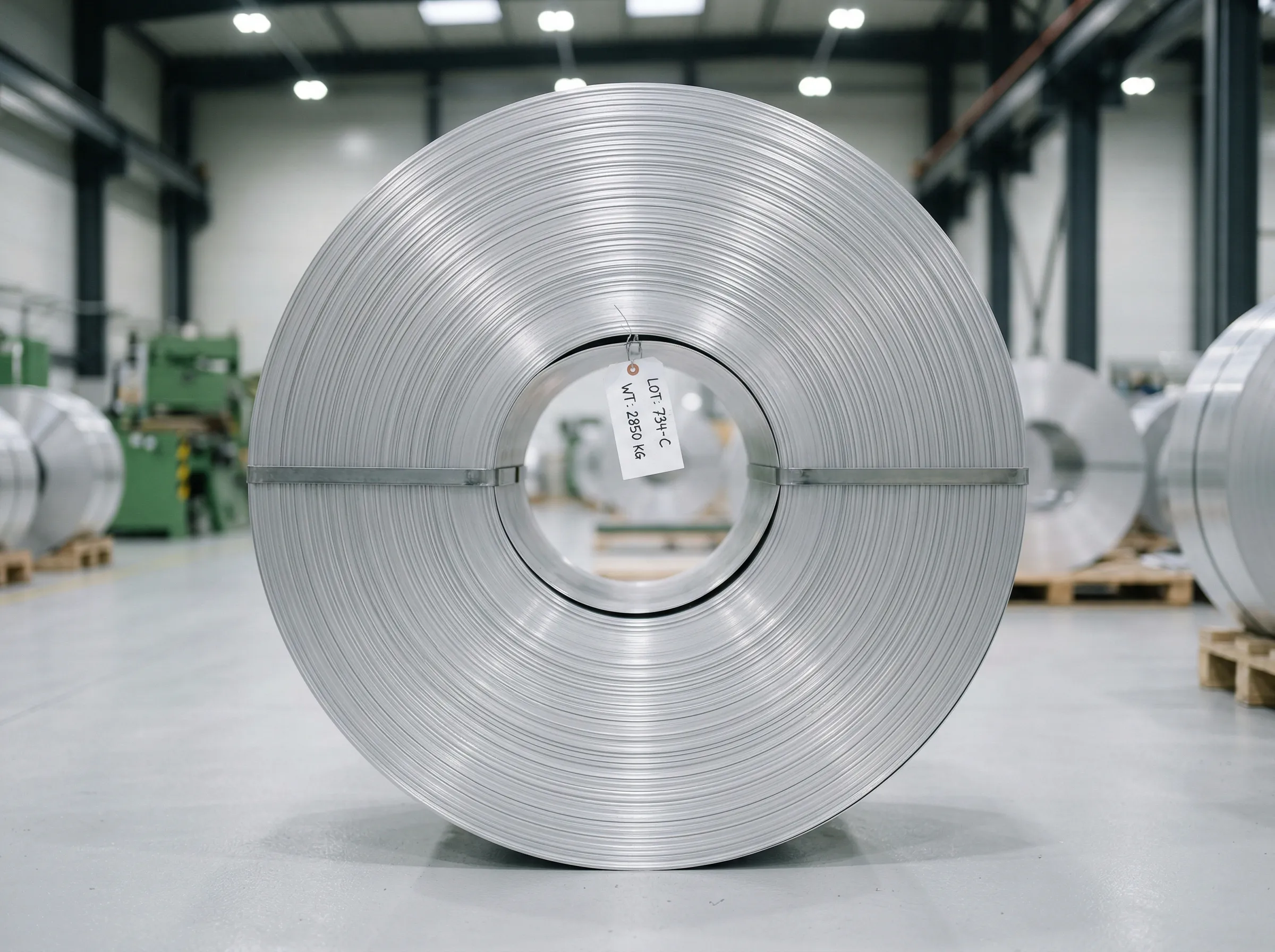 Aluminum coil with a lot tag on the factory floor