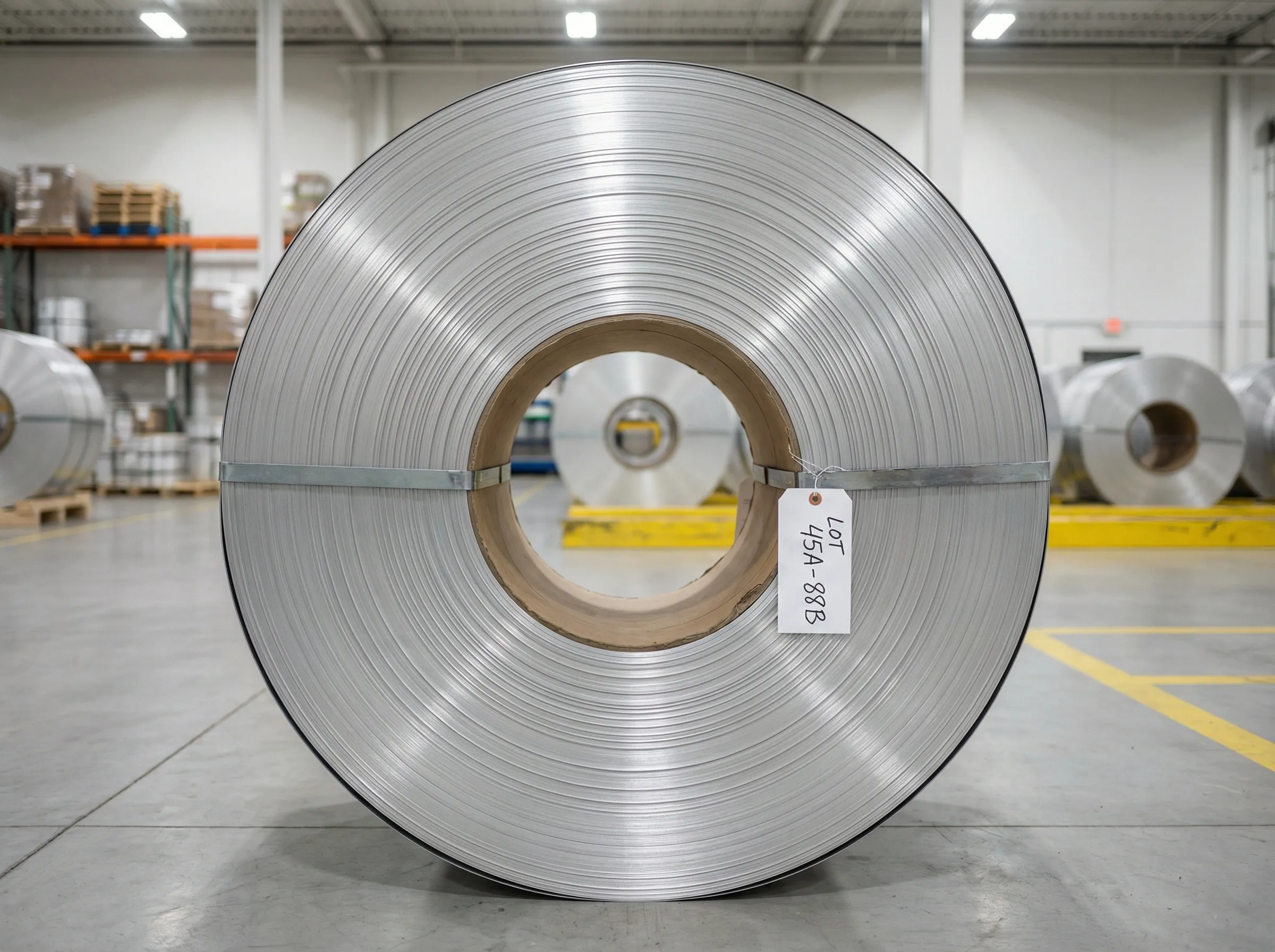 Mill-finish aluminum coil with a lot tag, front view