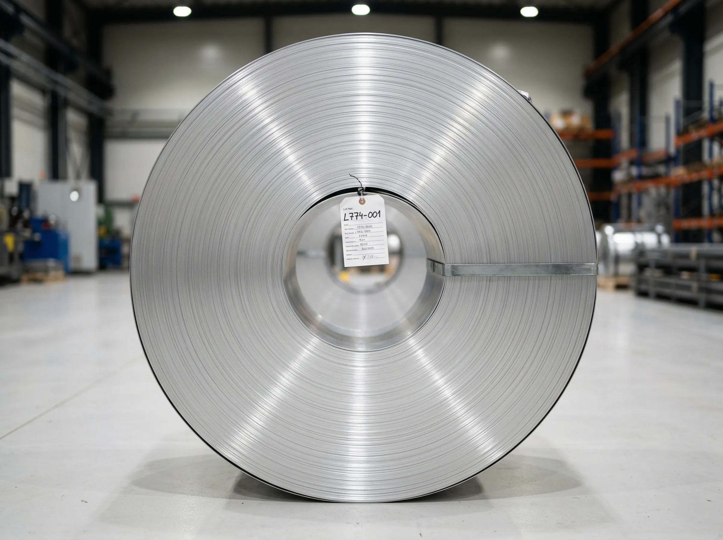 Aluminum coil with a lot tag in the warehouse