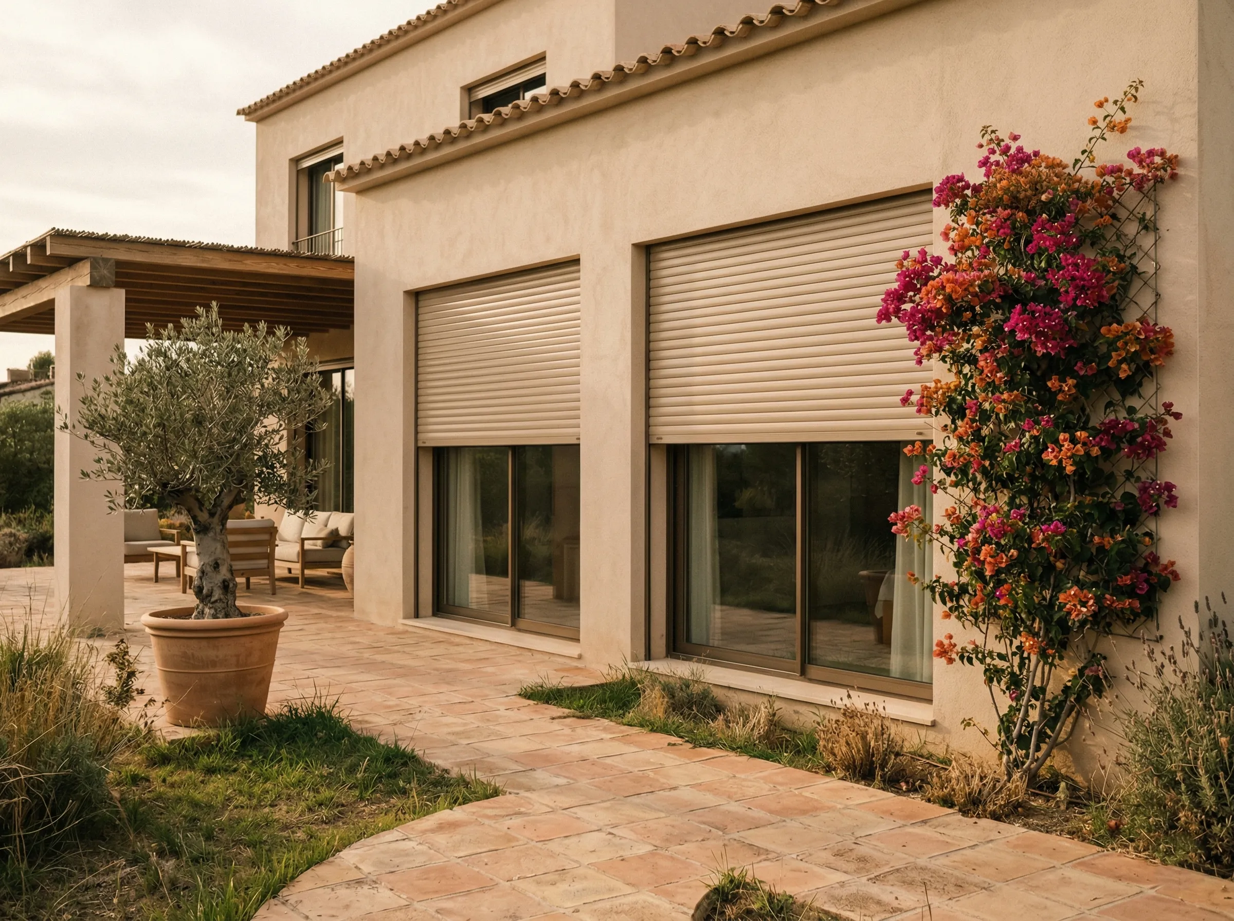 Beige aluminum rolling shutters on a Spanish villa patio