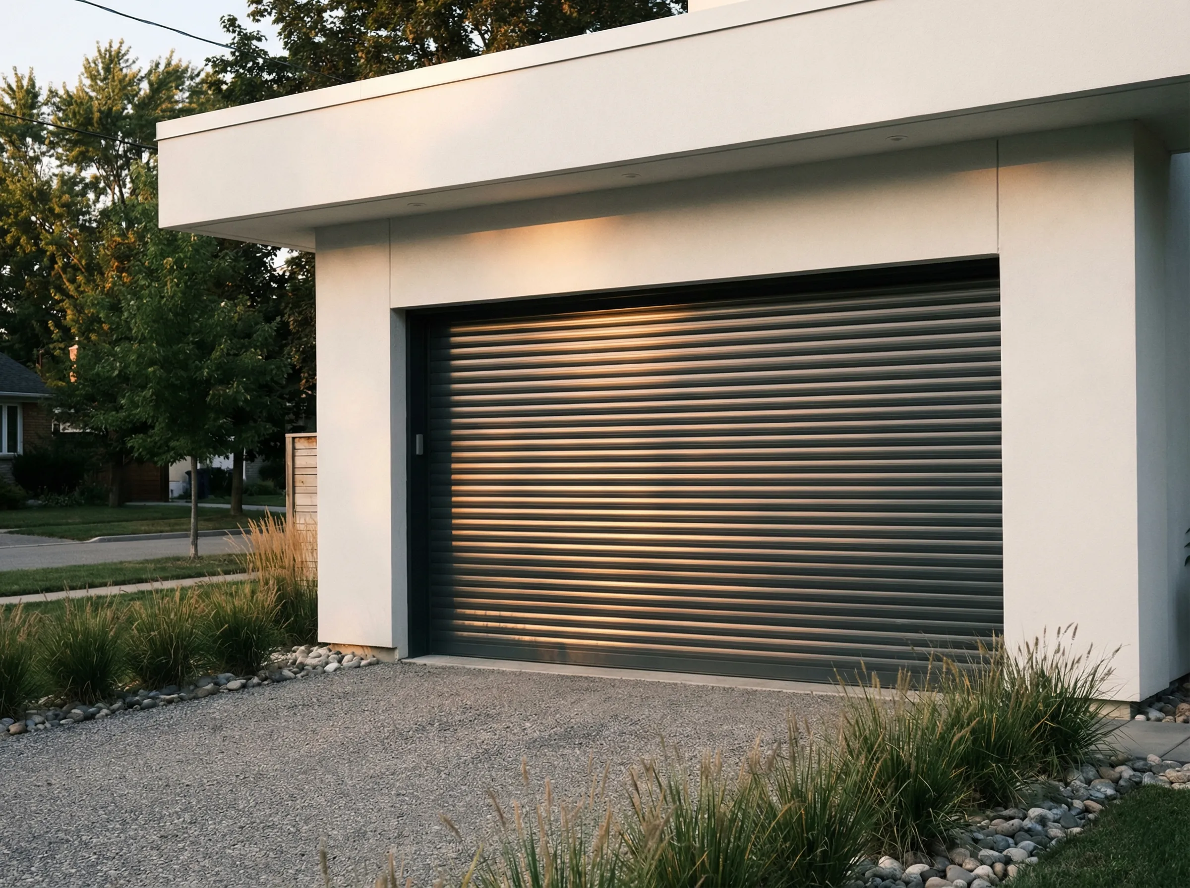 Dark aluminum rolling shutter on a suburban garage