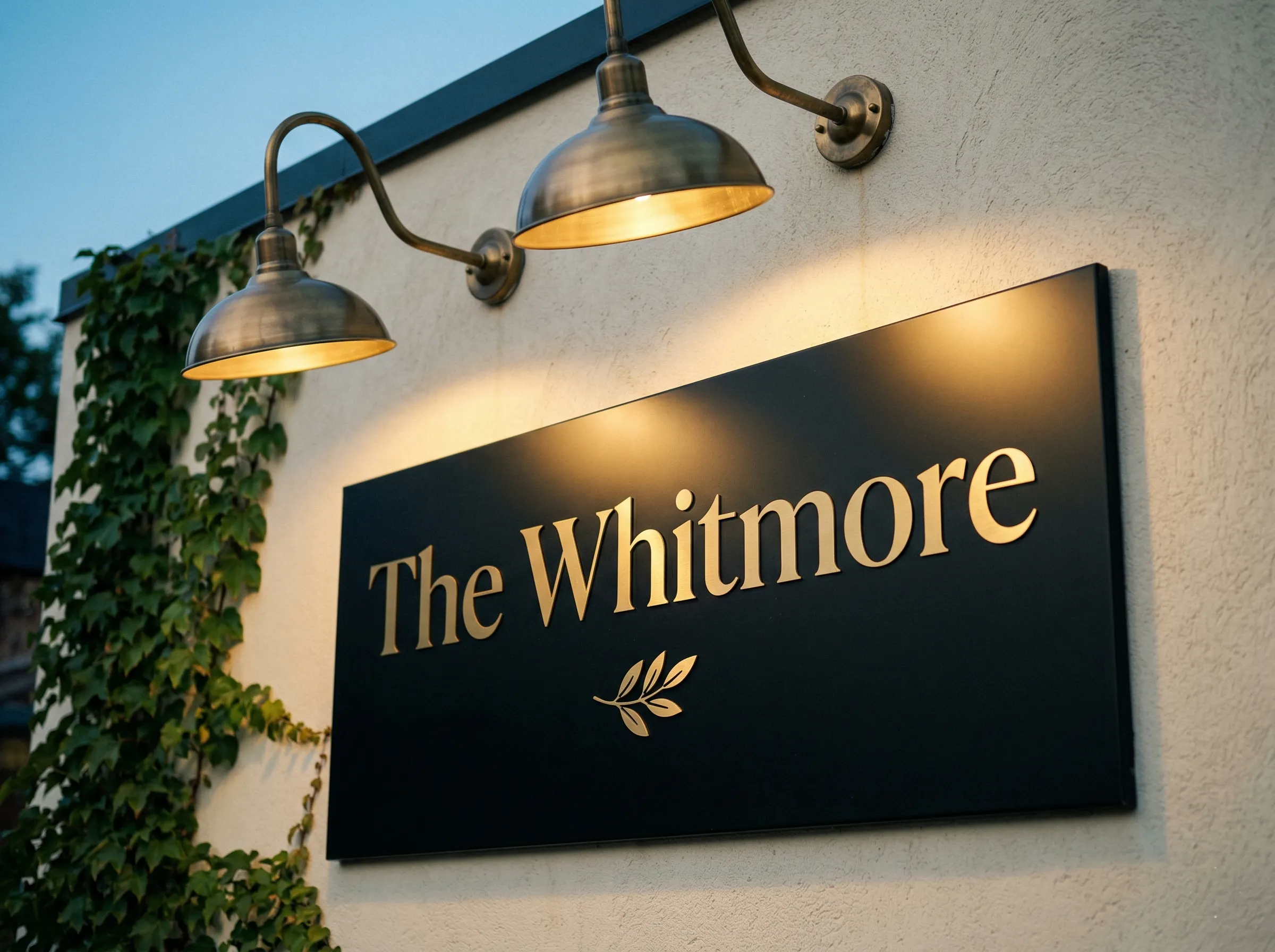 The Whitmore outdoor sign, dark aluminum panel with gold lettering