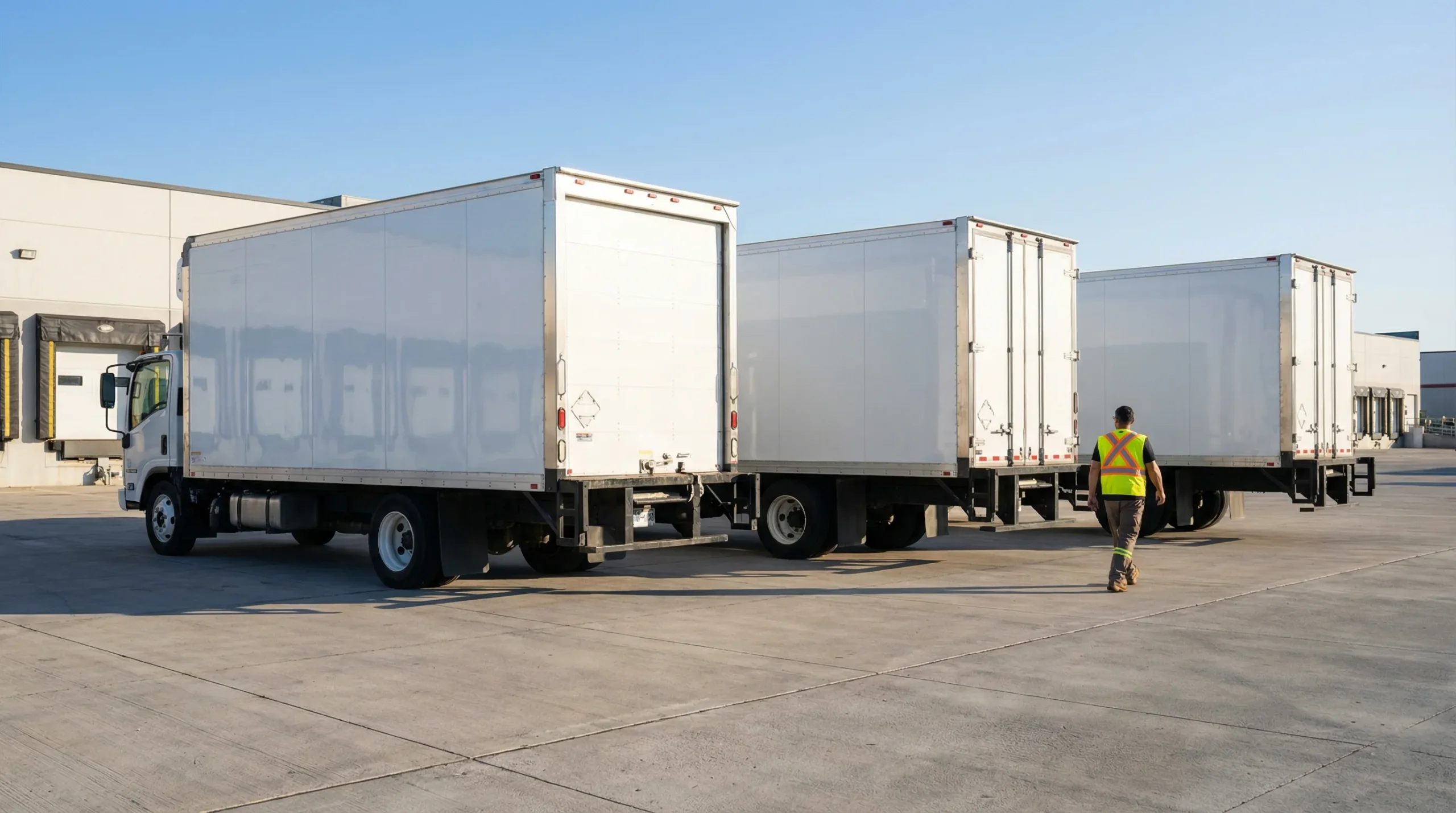 Three white aluminum-panel delivery trucks at a warehouse dock
