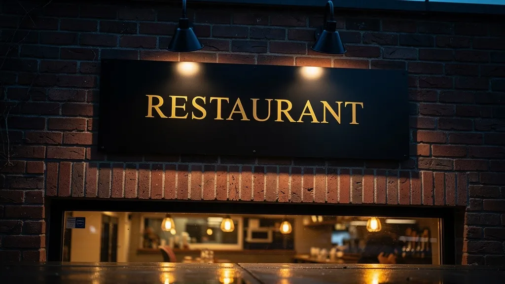 Wall-mounted aluminum sign with gold lettering at night