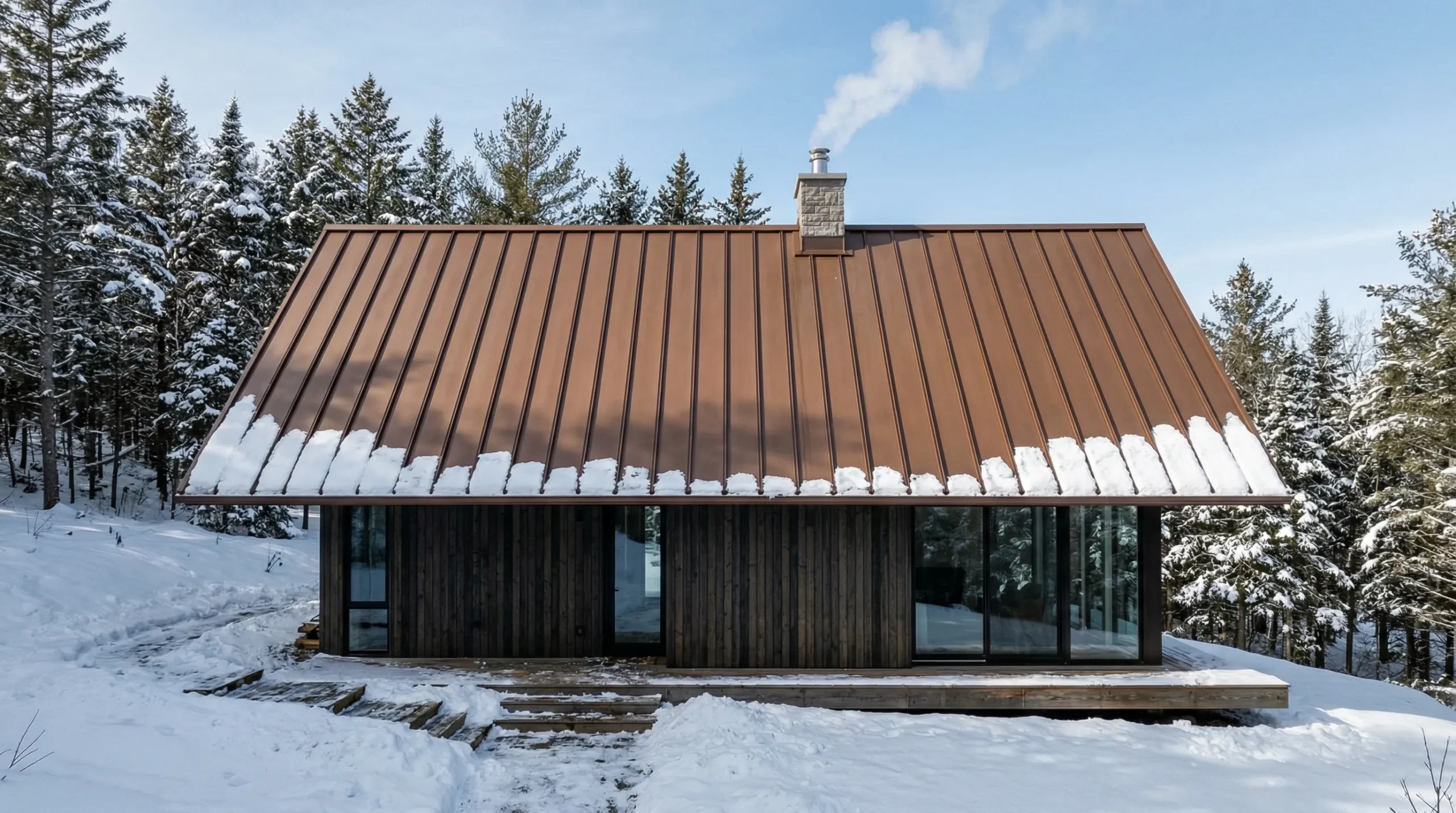Copper standing-seam roof on a winter cabin in a snowy forest