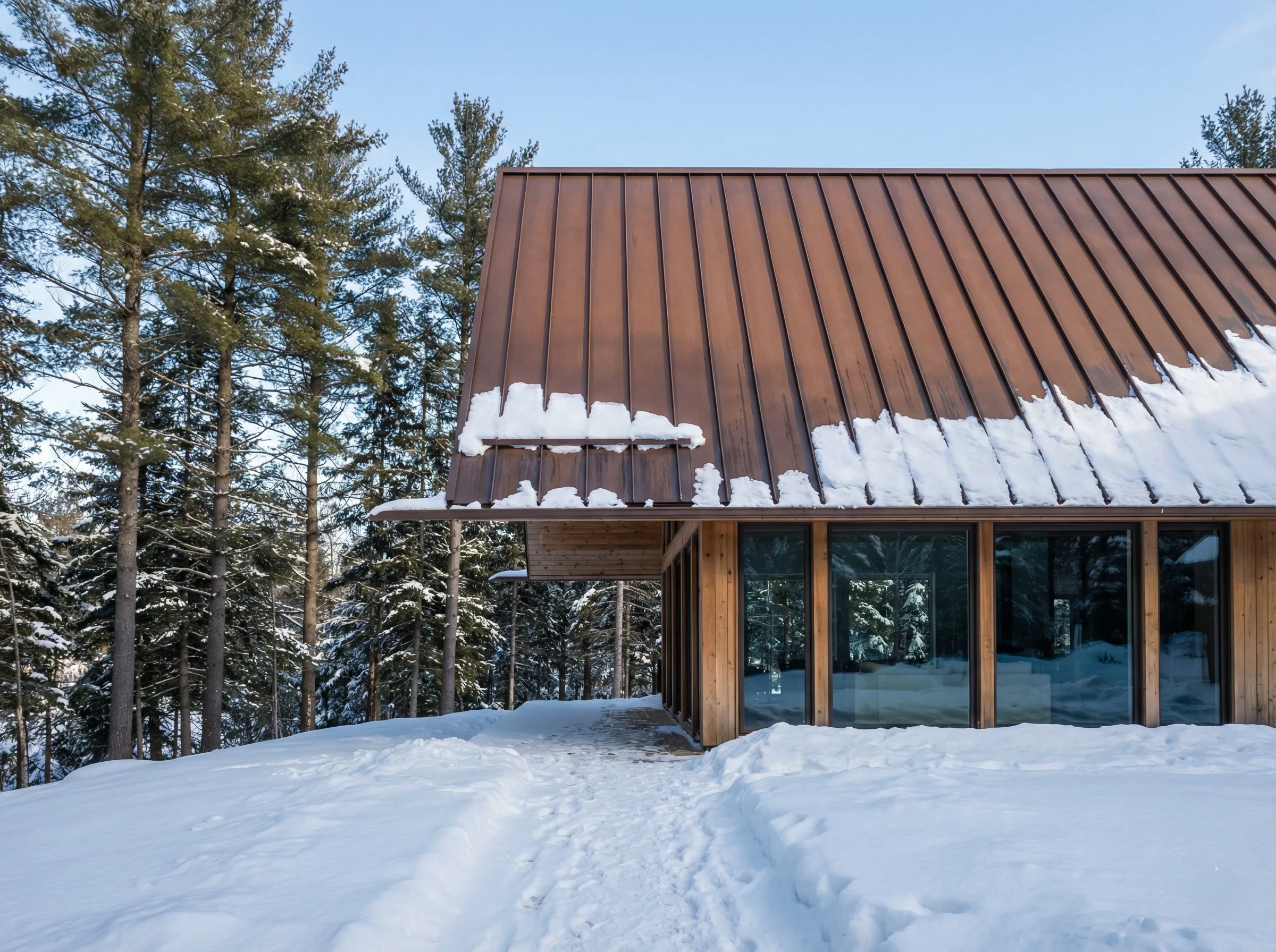 Copper-toned aluminum standing-seam roof on a winter chalet