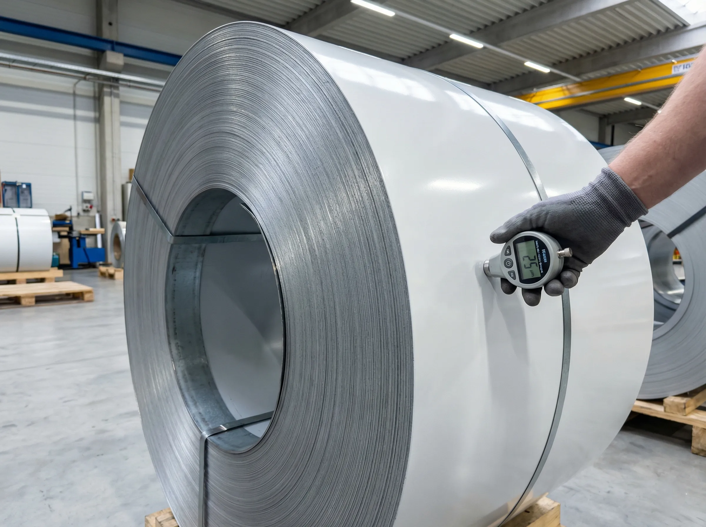 Worker measuring aluminum coil thickness with a gauge