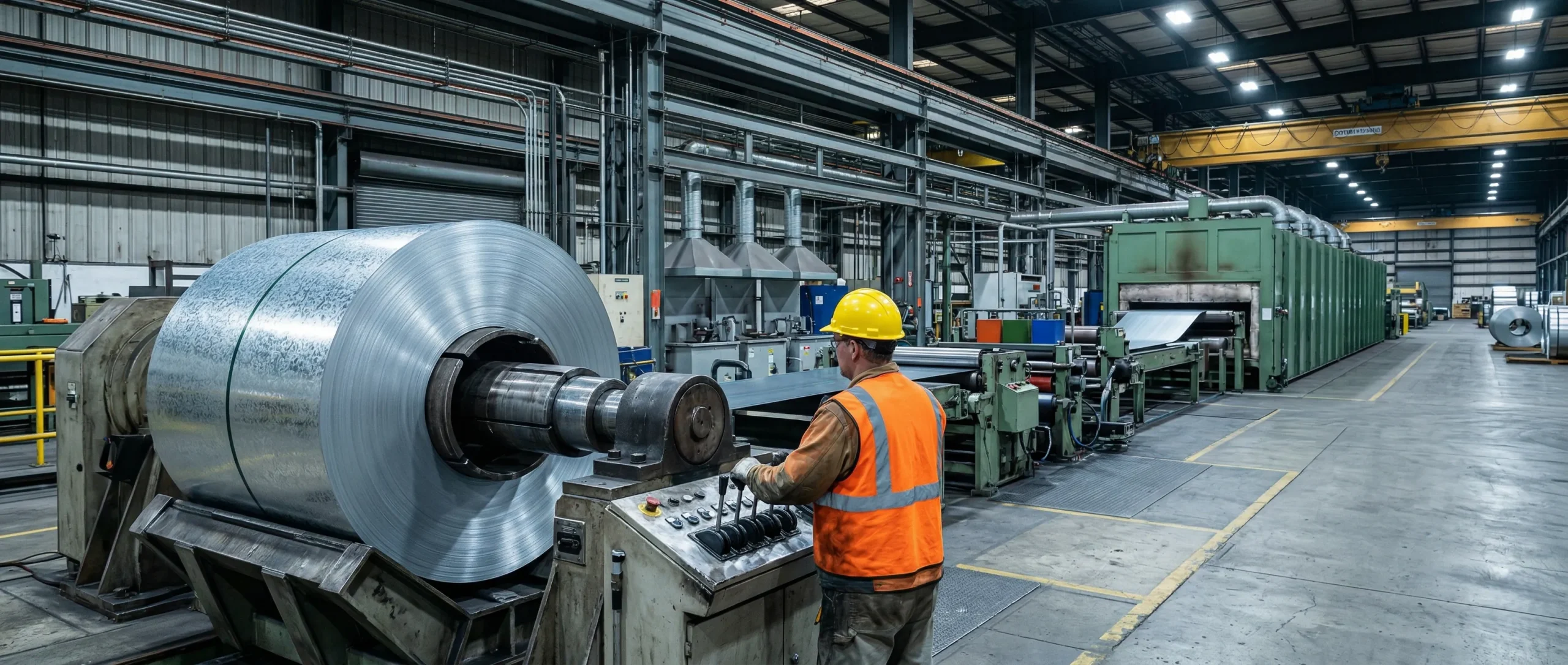 Worker operating an aluminum coil uncoiler on the line