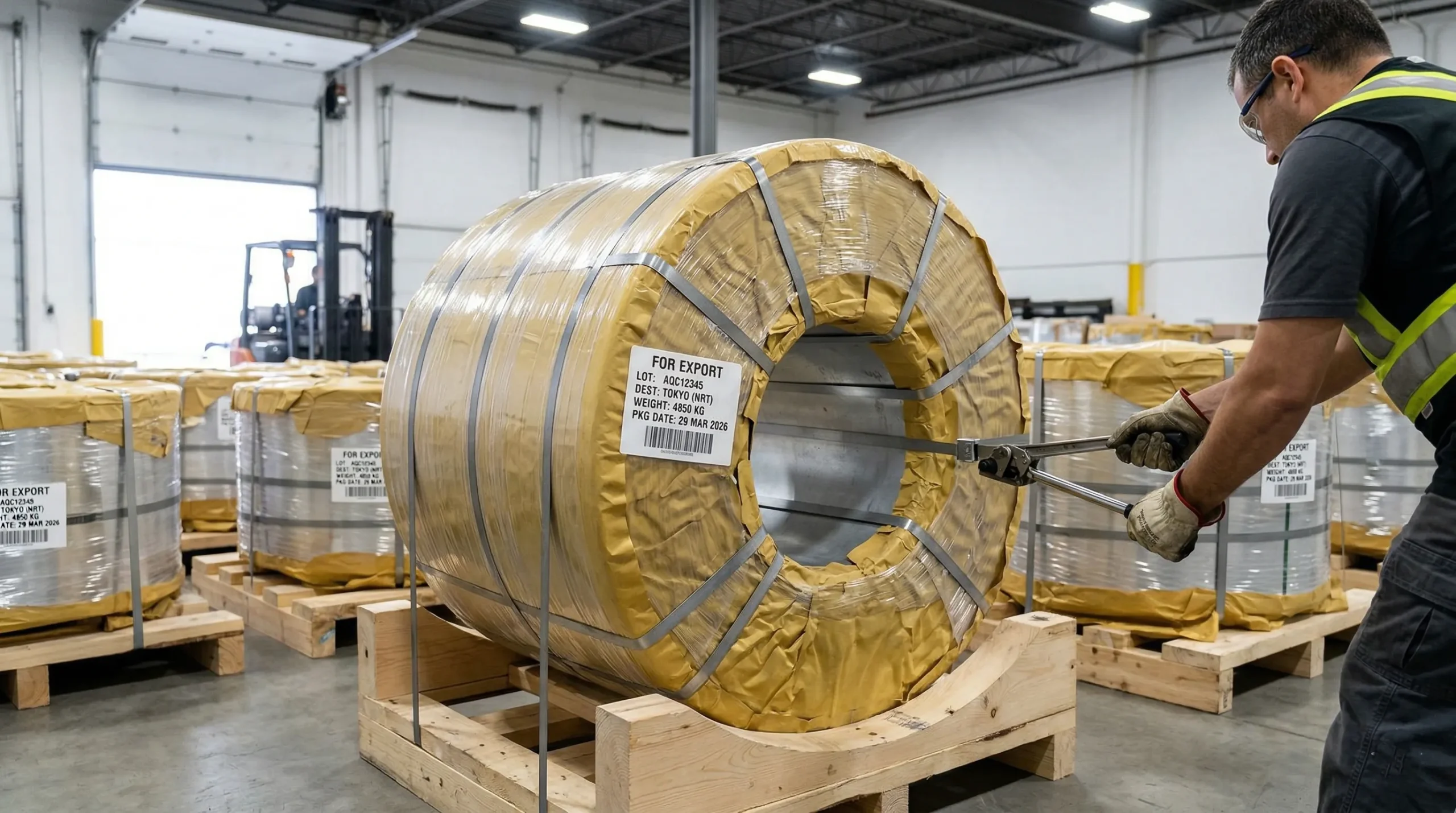 Worker packing aluminum coil in kraft paper for export
