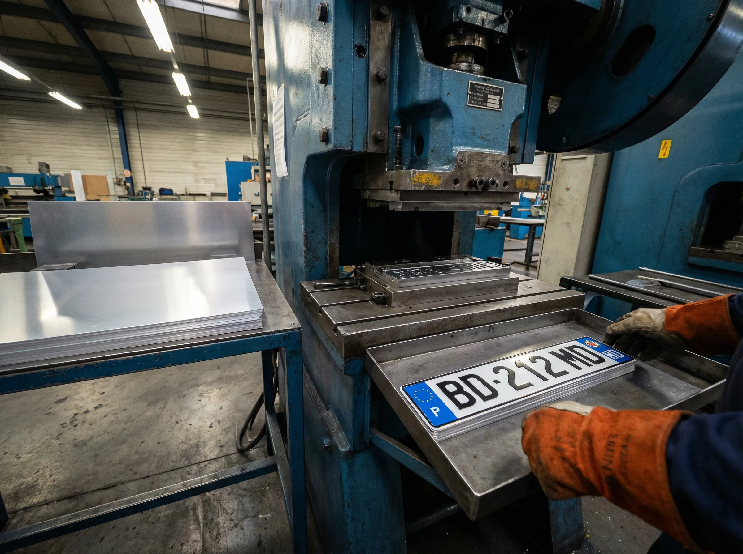 Worker stamping an aluminum license plate on a press