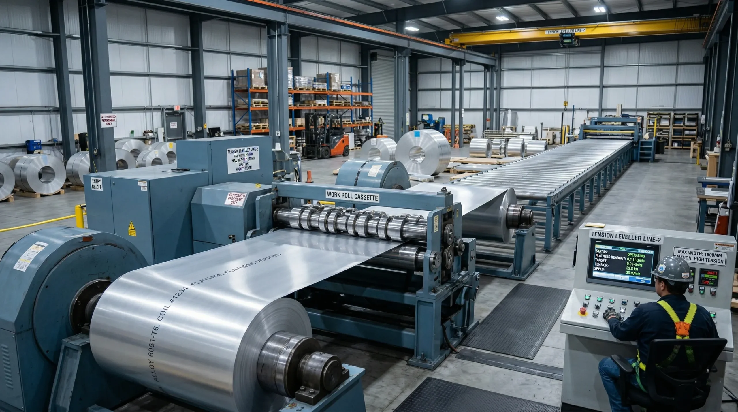 Worker at a tension leveller and slitting line