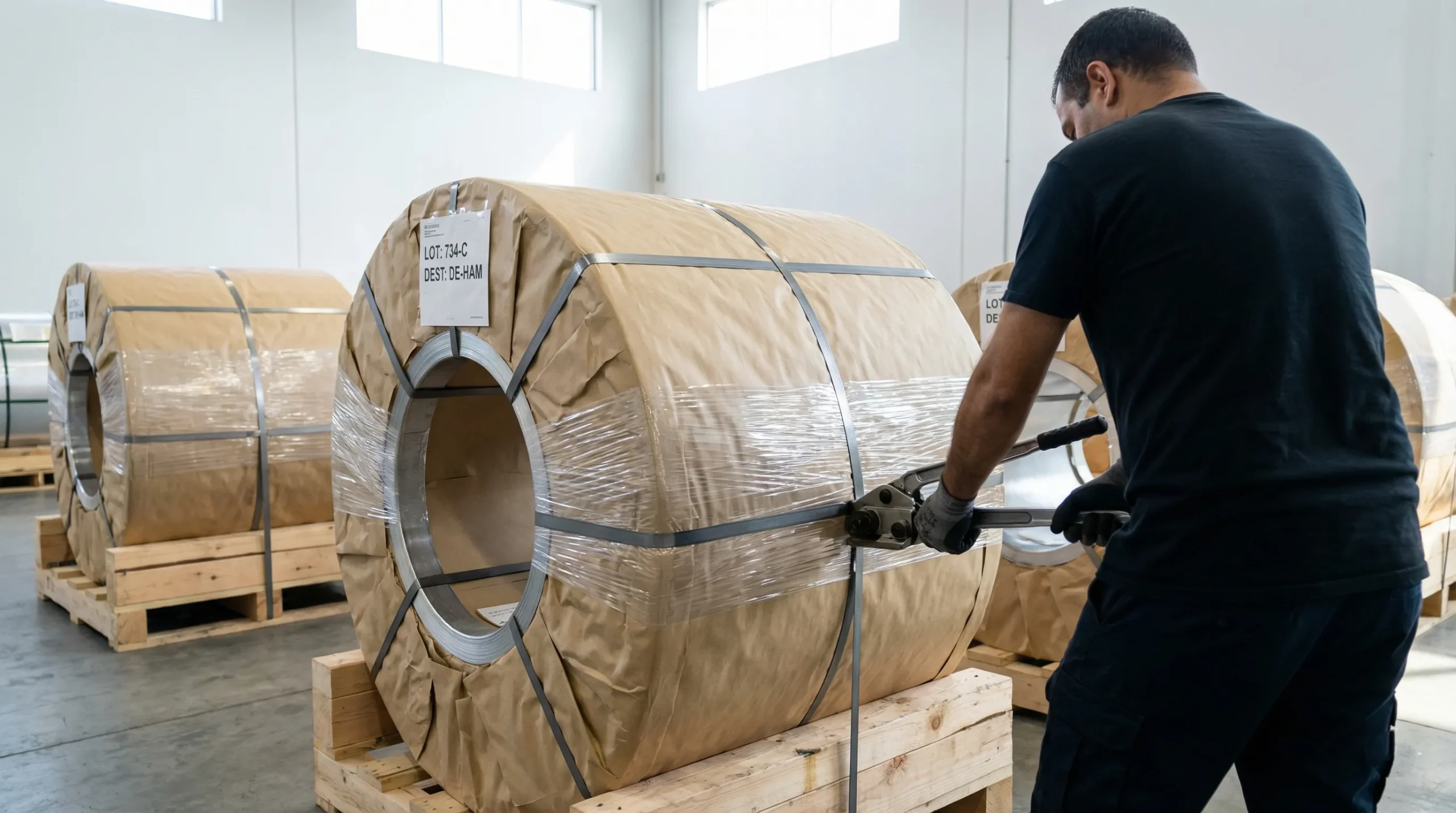 Worker unpacking and removing strapping from an aluminum coil on a pallet