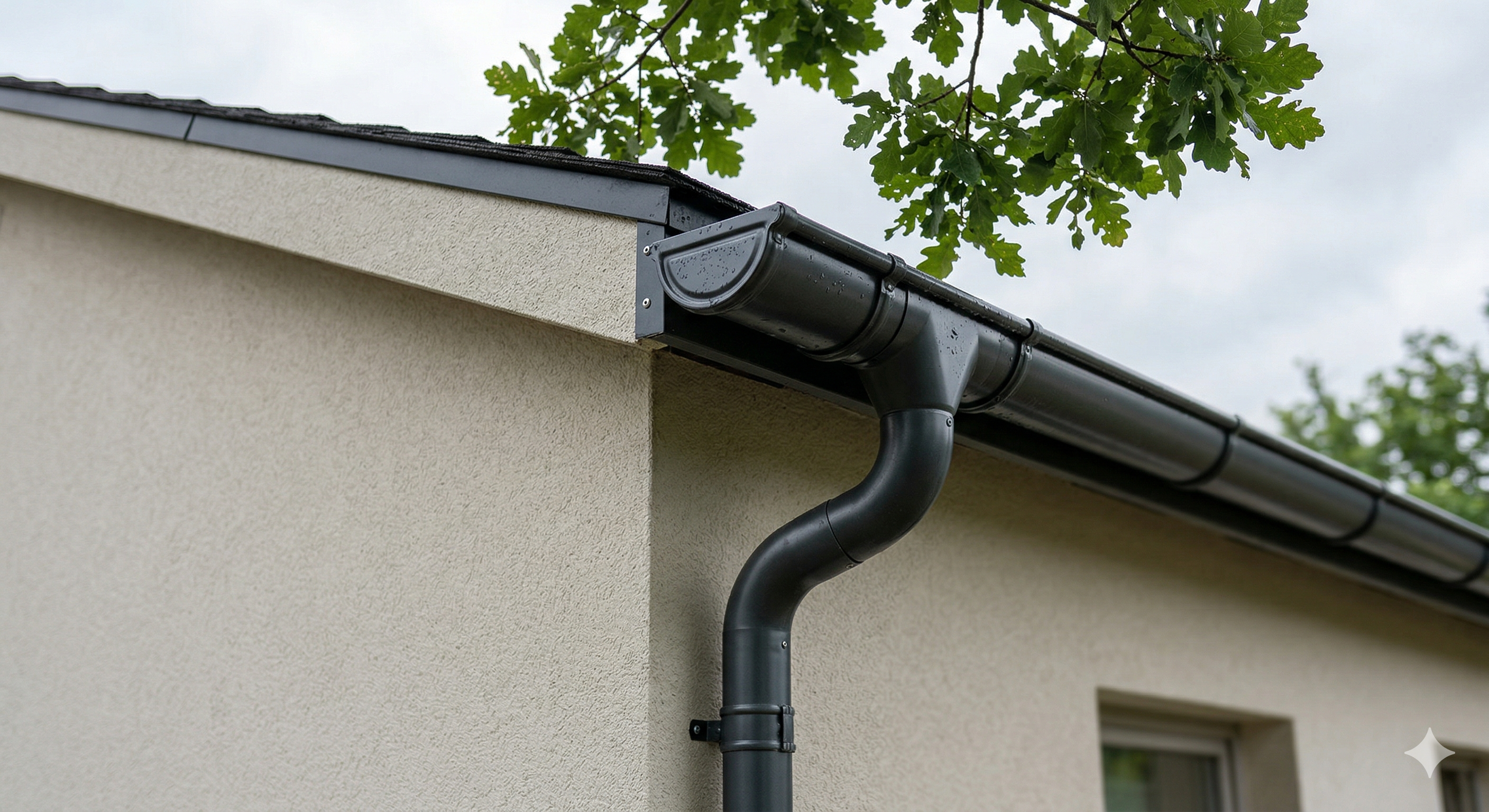 Aluminum gutter at the corner of a house